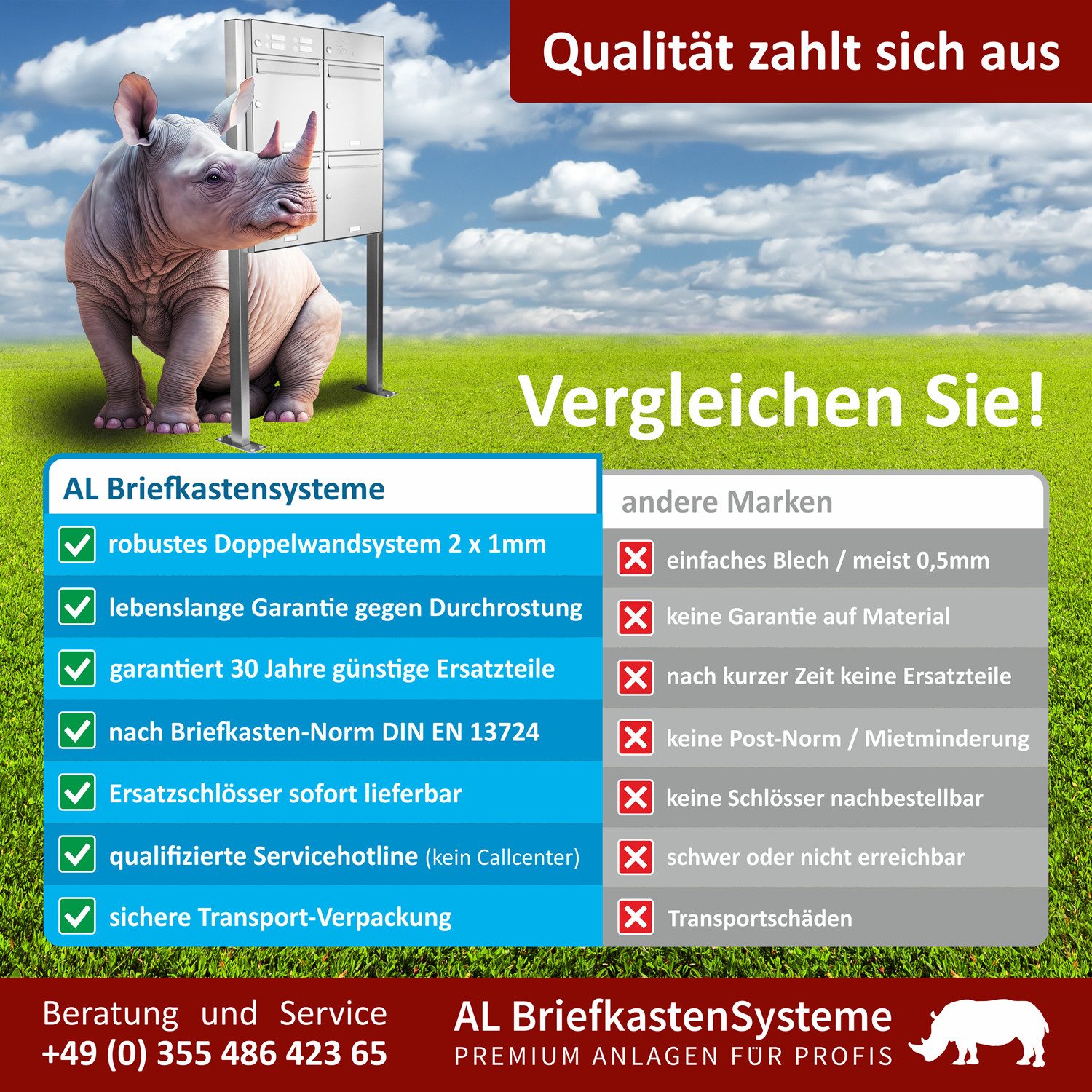 AL Briefkastensysteme Standbriefkasten 3 Fach Premium Edelstahl Briefkasten Post A4 modern robustwetterfest