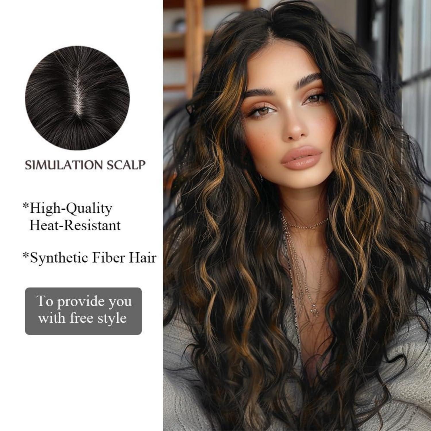 LuxusKollektion Kunsthaarperücke Lange Schwarze Braun Highlights Gewellt Synthetische Perücke für