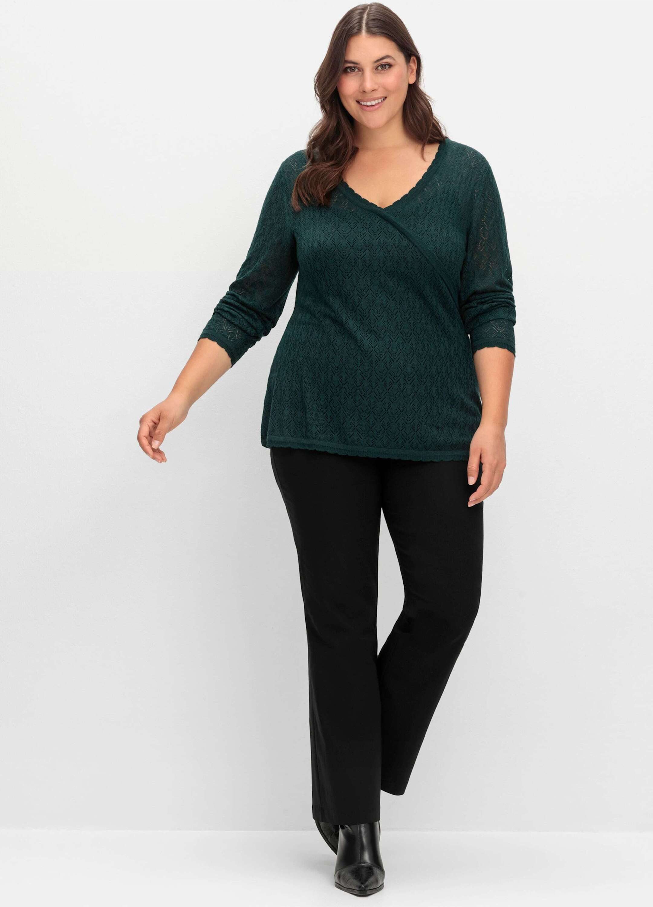 Sheego Strickpullover V-Ausschnitt-Pullover Langarm Ajour aus Ajourstrick, in Wickeloptik