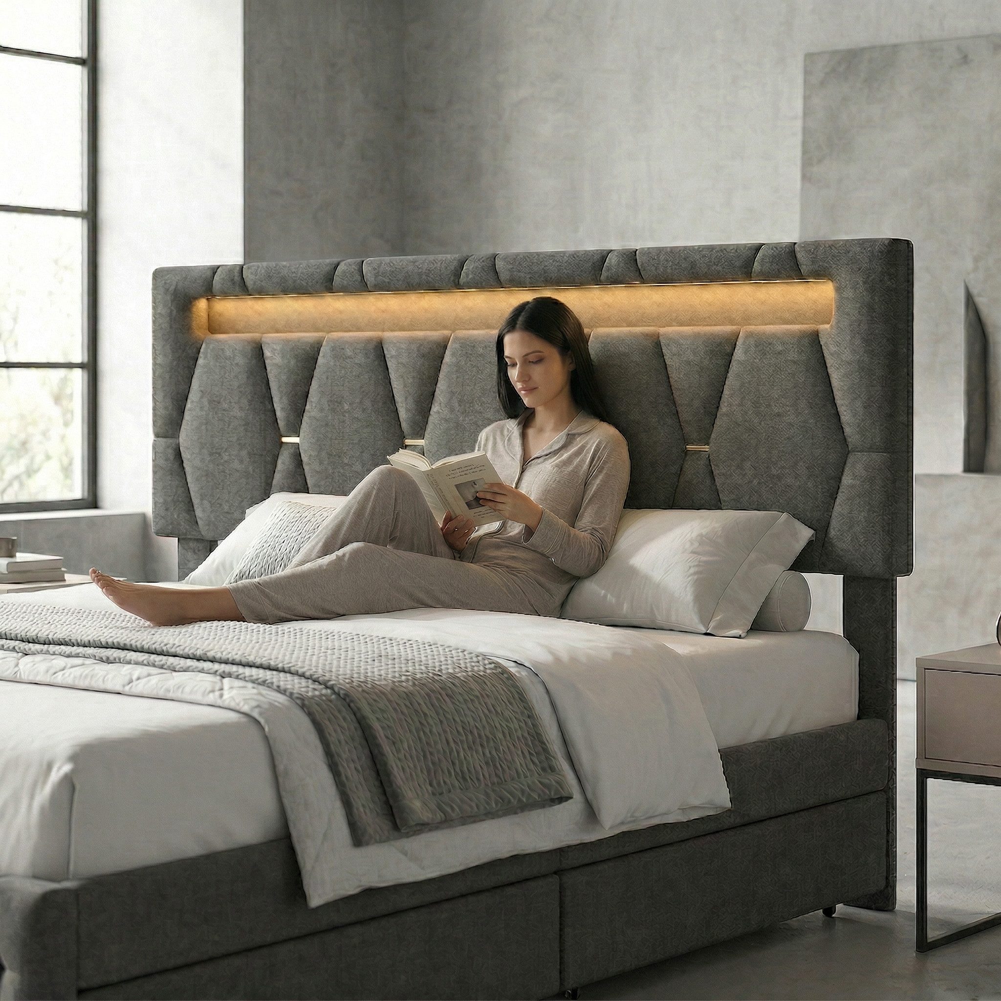Gdood Polsterbett Stauraumbett Doppelbett LED (Vier extra große Schubladen unter dem Bett), Mit LED-Beleuchtung, Stauraum, Leinen, 160x200 cm – Bild 5 von 5