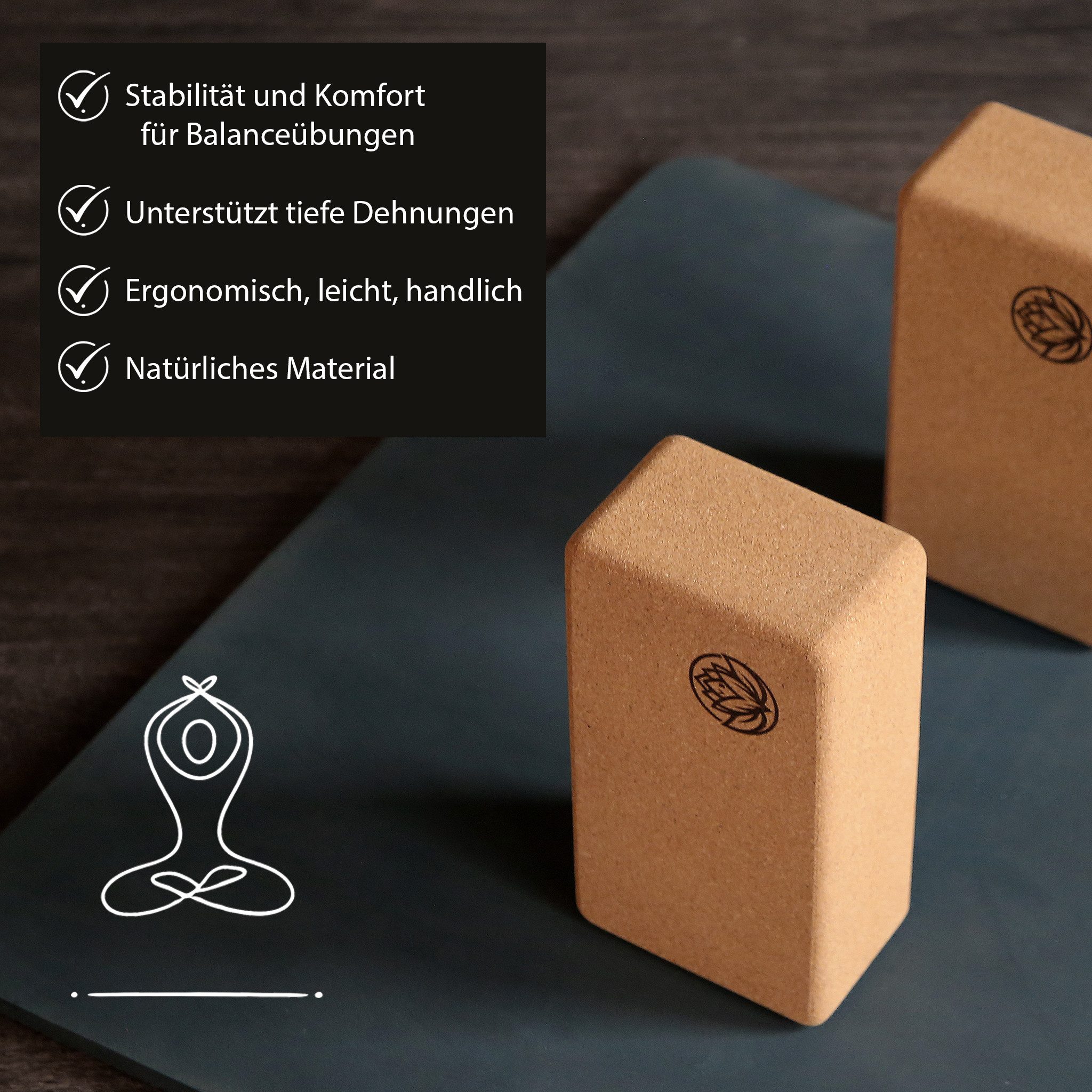 VonBueren Yogablock aus Kork 22 x 12 x 7,5 cm Yogablöcke Yogazubehör Hatha Klotz, (2 Stück; 4 Stück, 2-tlg)