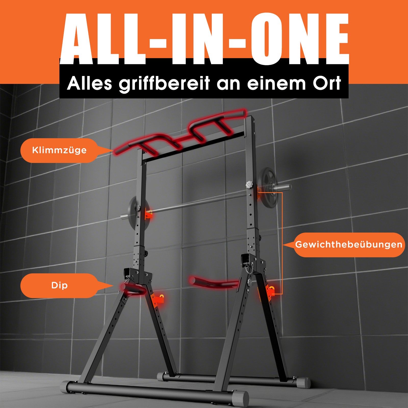 DH FitLife Kraftstation Power Tower Dip Station, (Set, verstellbar, mit Dip-Barren, Klimmzugstange, Hantelablagen), Belastung bis 150 kg, ideal für Home Gym