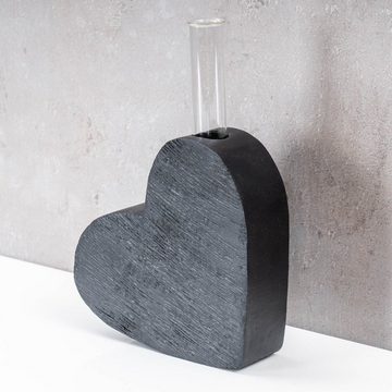 Levandeo® Dekovase, Vase Herz Reagenzglas H13cm Mangoholz Schwarz Glas Tischdeko