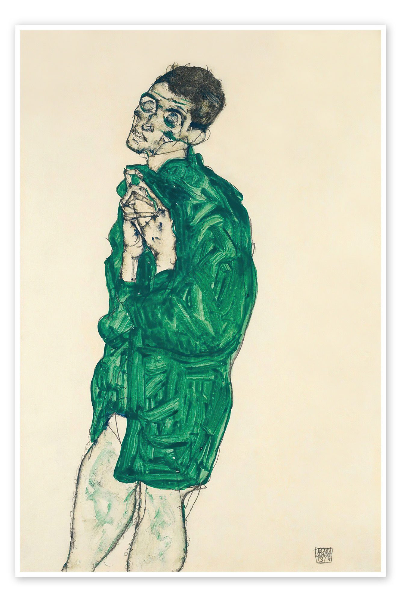 Posterlounge Poster Egon Schiele, Selbstporträt in grünem Hemd mit geschlossenen Augen, Malerei