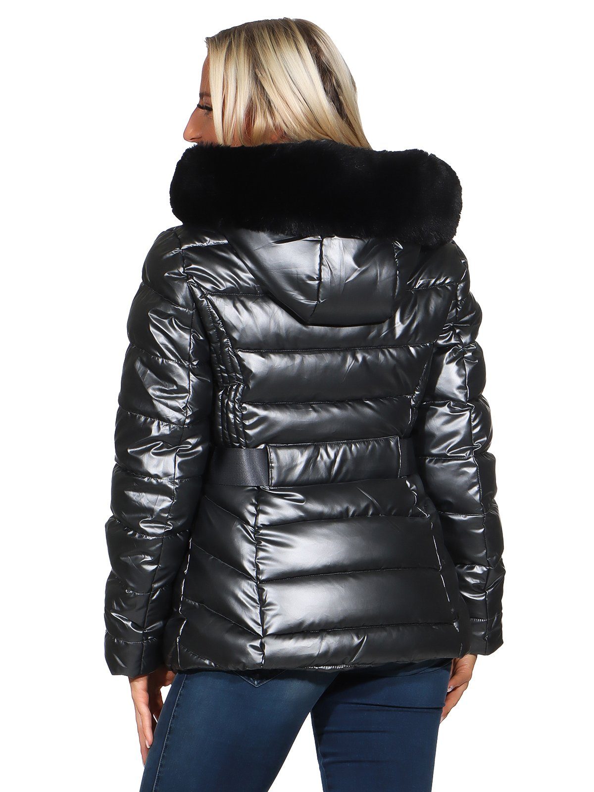 Schwarz abnehmbare Damen Kapuze Aurela Kunstfell Damenmode abnehmbare Kapuze, Steppjacke Jacke abnehmbares Winter Steppjacke Kunstfell