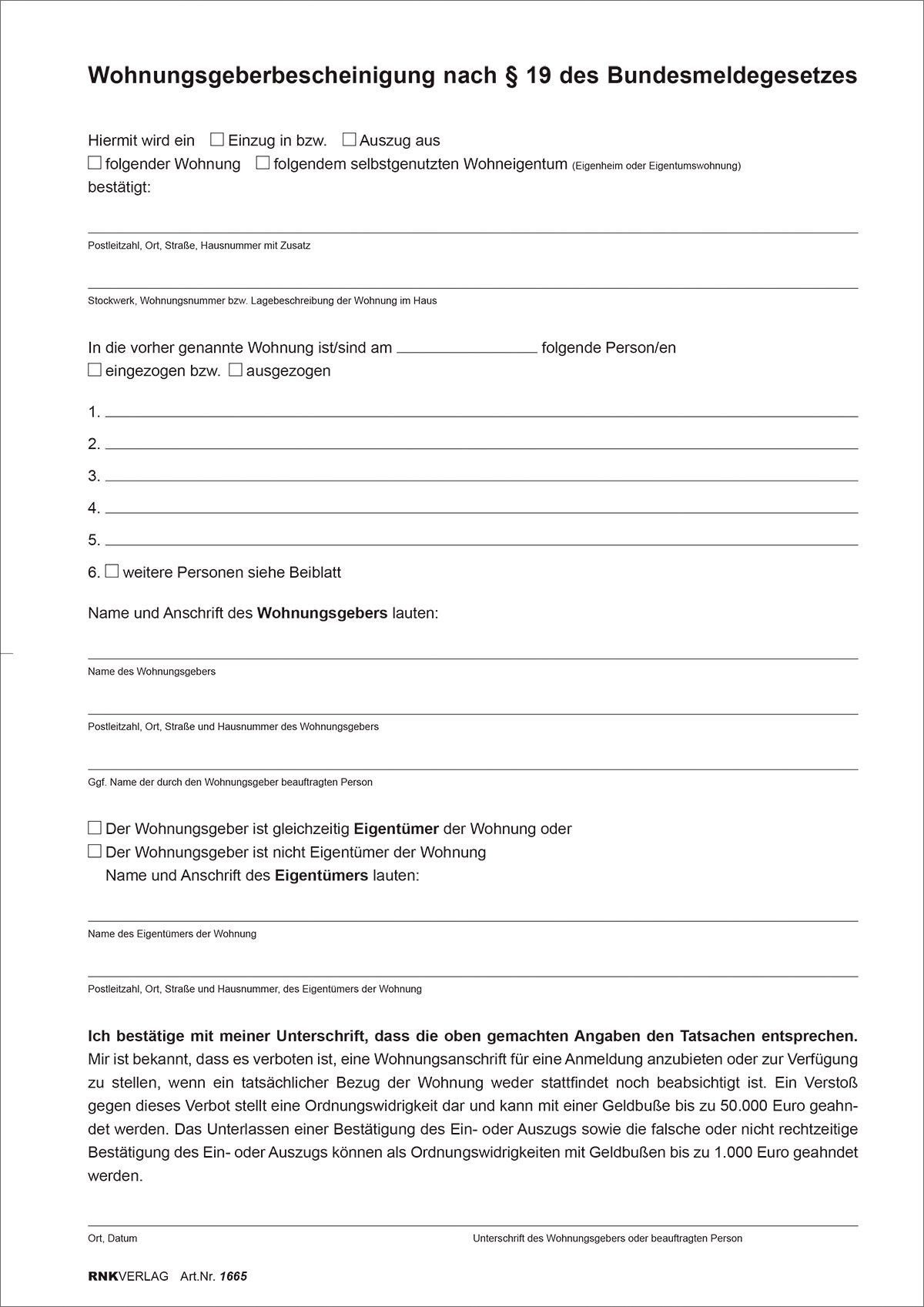 RNK Verlag Formularblock RNK Verlag Vordruck "Wohnungsgeberbescheinigung", DIN A4