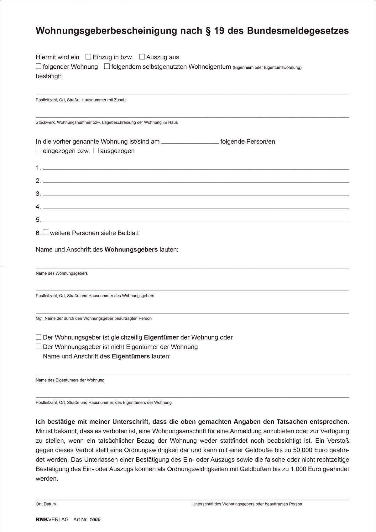 Formularblock 1665 Wohnungsgeberbescheinigung nach § 19 Bundesmeldegesetz (BMG) 2 Se