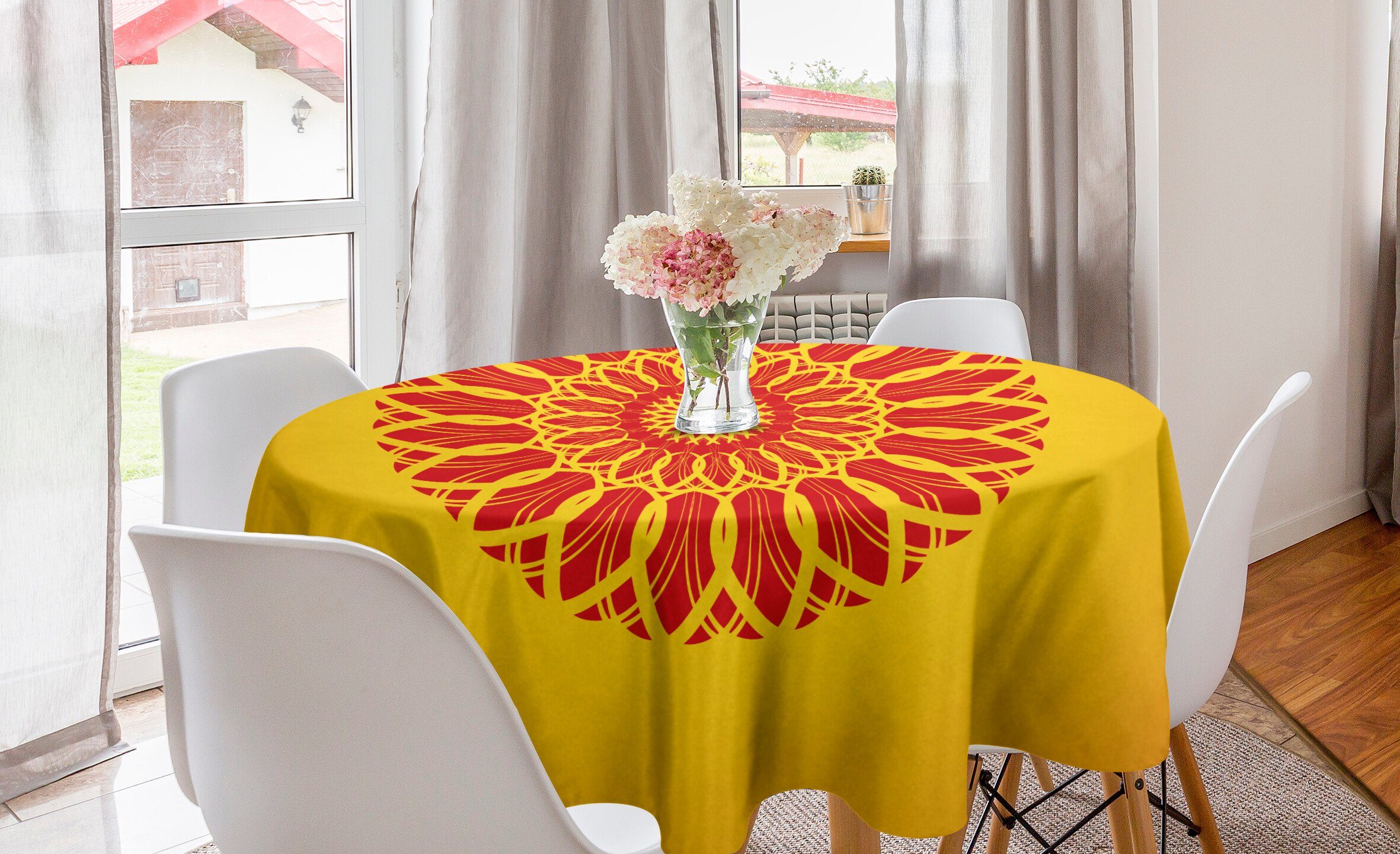 Abakuhaus Tischdecke Kreis Tischdecke Abdeckung für Esszimmer Küche Dekoration, Mandala Wellenförmige Strokes Schneidene