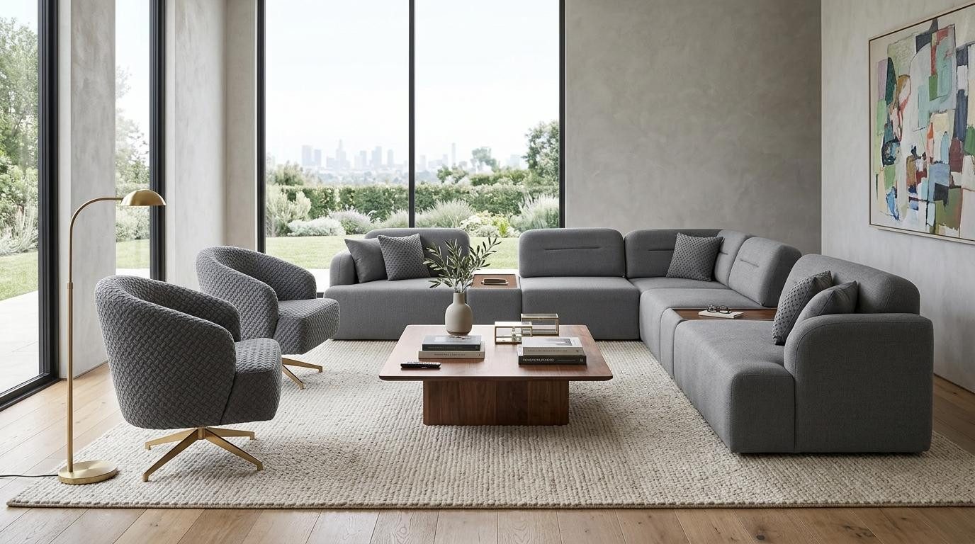 JVmoebel Polstergarnitur Polstergarnitur Modulsofa2x Sessel Textil Holz Stil Modern Grau Neu, (4-tlg), Made in Europa