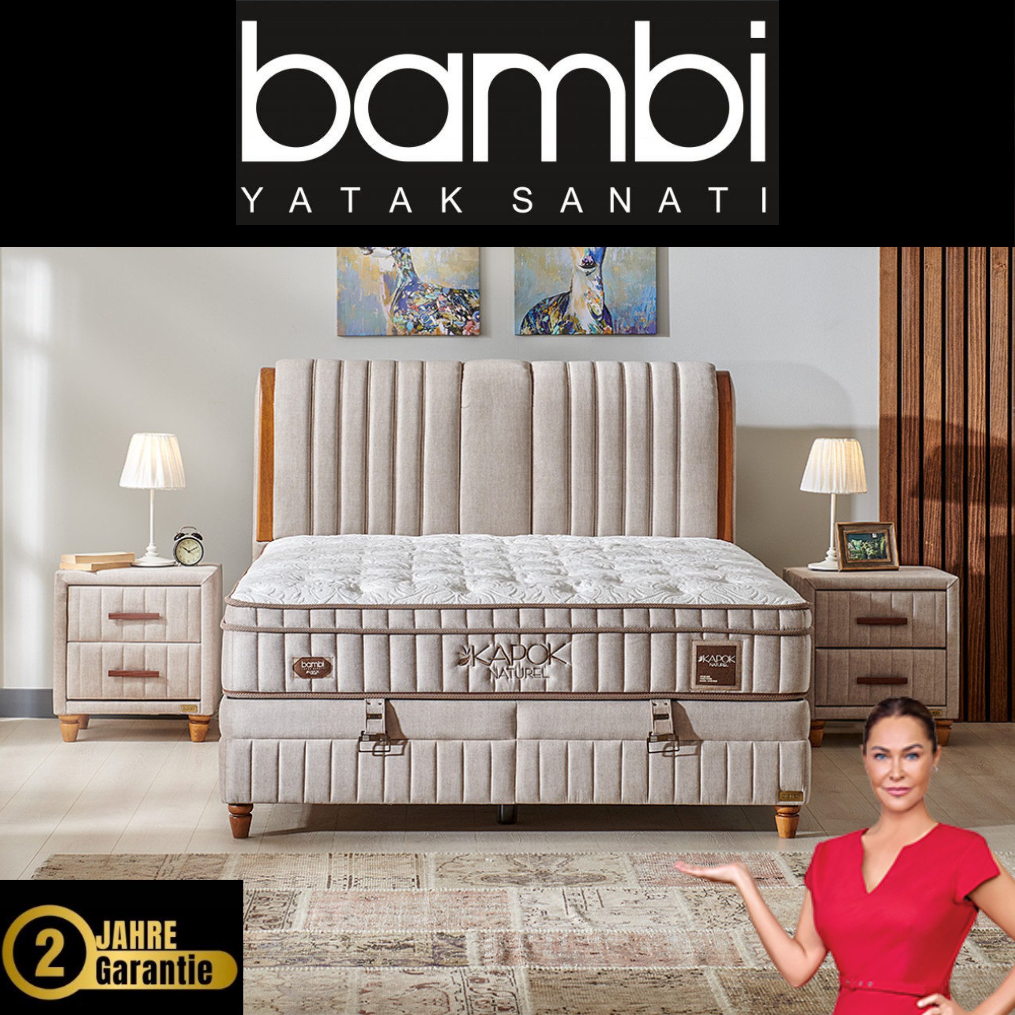 Bambi Boxspringbett mit Matratze Kopfteil Boxspringbett 180x200 - 90x200 Kapok (Doppelbett mit Fußteil, 4-St., Multipocket-Matratze H3 Matratze Topper, Kopfteil, Bettkästen), inkl. Lieferung