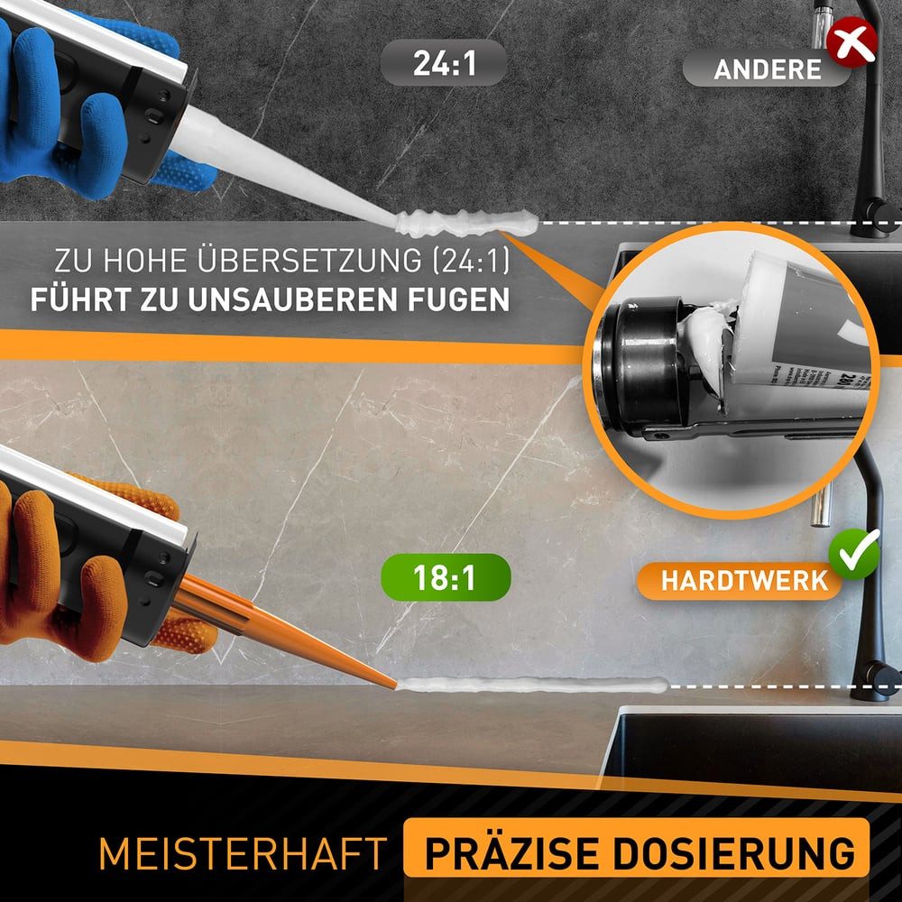 Hardtwerk® Kartuschenpistole 360° drehbar mit Cutter, Silikon Acryl Klebstoffe präzise dosieren Verfugen Reparaturen – Bild 5 von 5