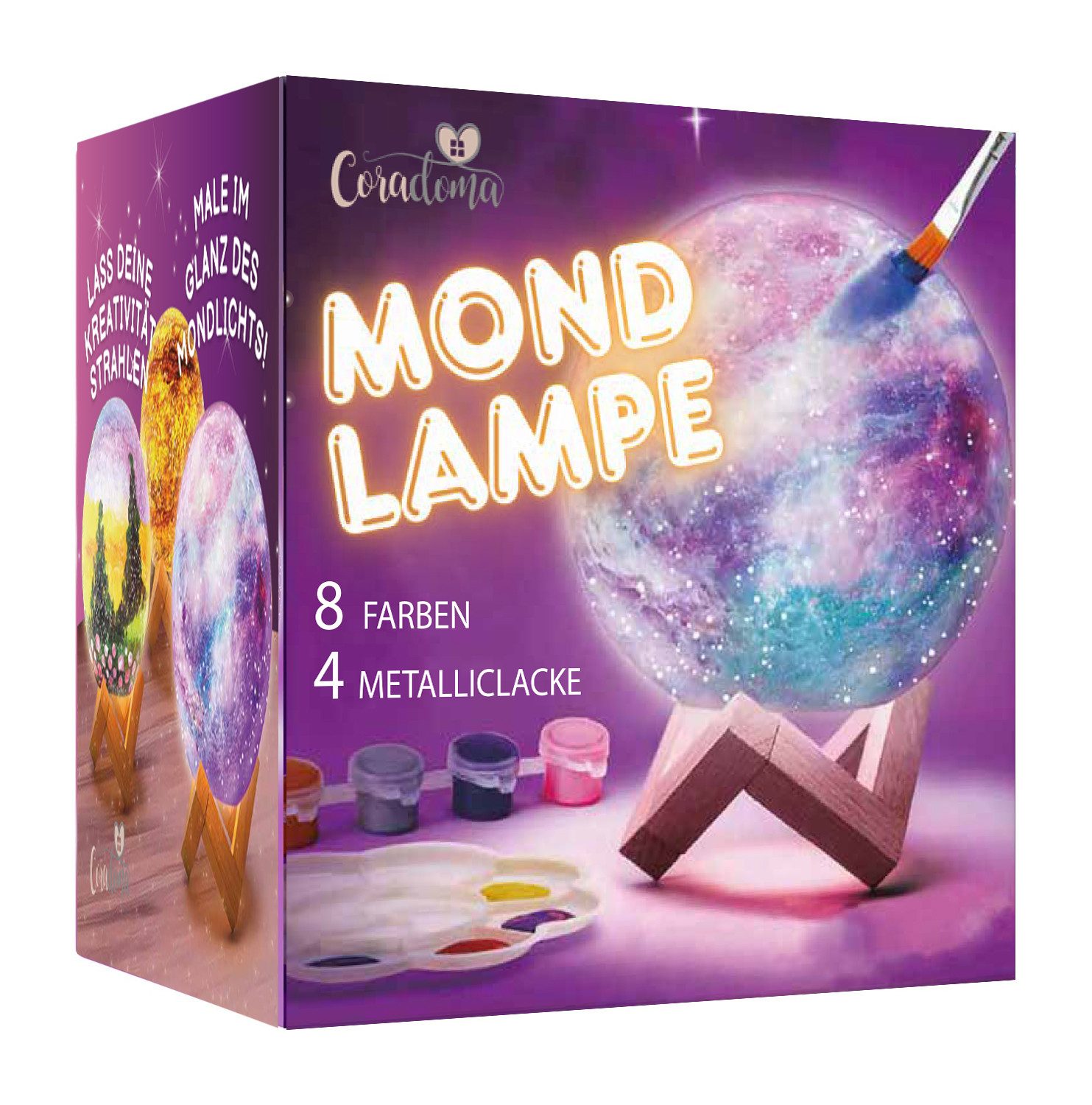 Coradoma Kreativset Mond Lampe Nachtlicht zum Bemalen für Kinder 3D Mondlicht Bastelset, DIY Geschenk mit Touchsensor, 12 Farben und Holzsockel