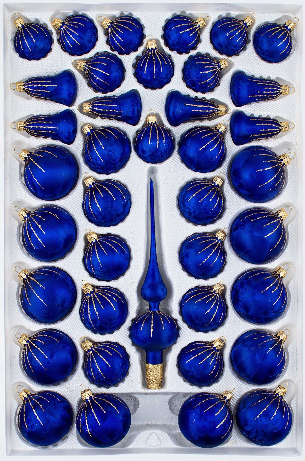Weihnachtsbaumkugel 39 tlg. Glas-Weihnachtskugeln Set in "Ice Royal Blau Gold" Regen
