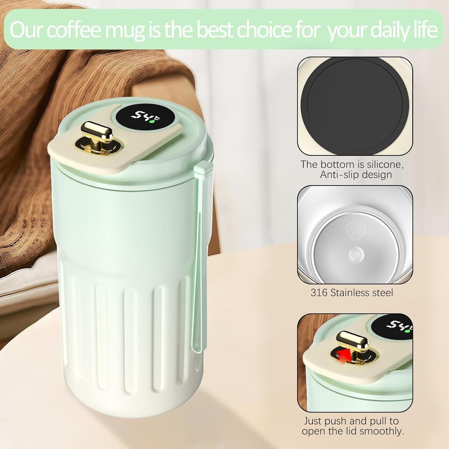 EXTSUD Thermobecher 410ml 316 Edelstahl Kaffeebecher, Digitalanzeige Thermobecher, 316-Edelstahl und Keramik, Travel Coffee Mug, Isolierter auslaufsicher Termokaffeebecher