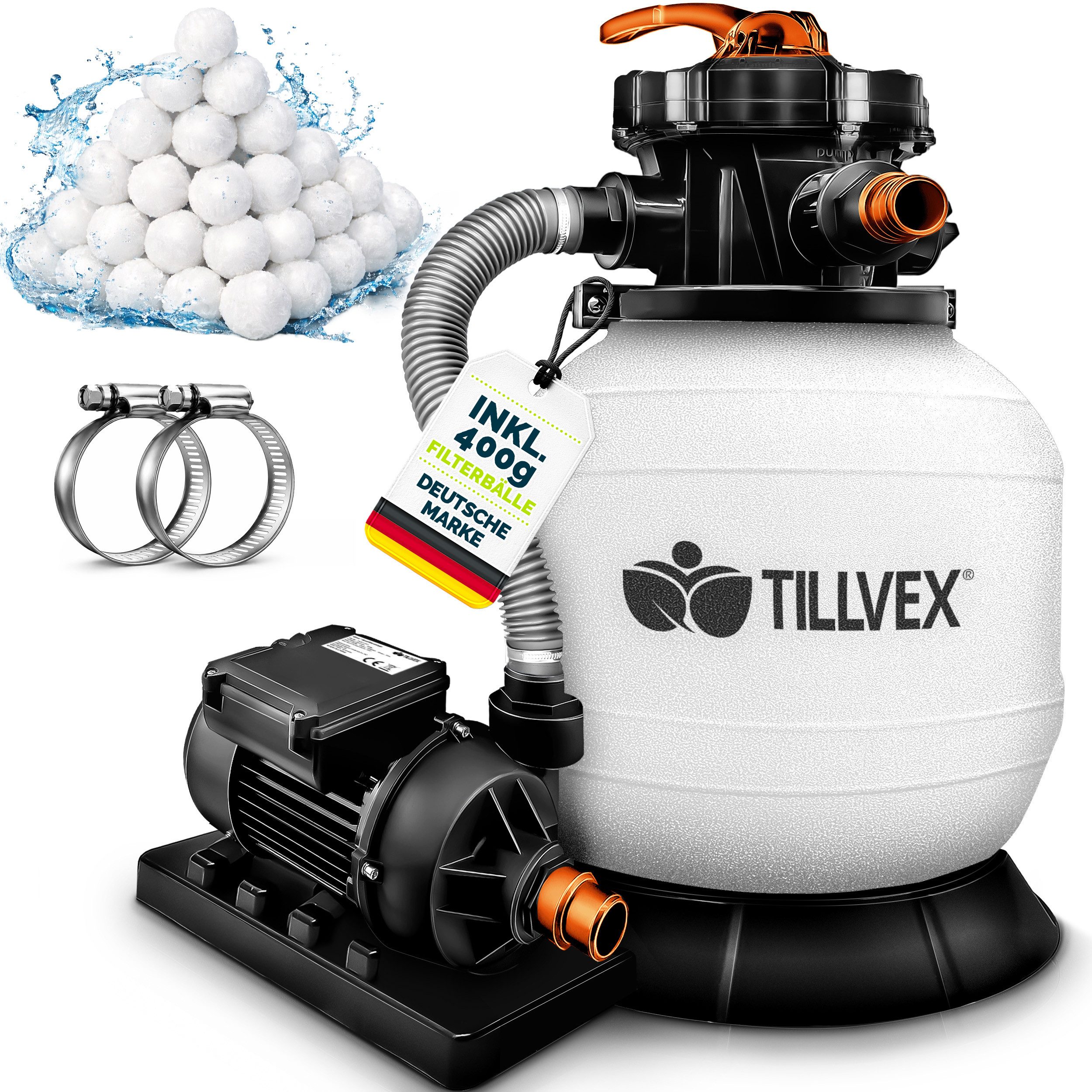 tillvex Sandfilteranlage Sandfilteranlage 7.900L/h + 400g Filterbällen (Set, + Pumpe Filteranlage 7-Wege Ventil & 2in1 Adapter Ø32mm - 38mm), Poolfilter mit Druckanzeige Sandfilter Schwimmbecken