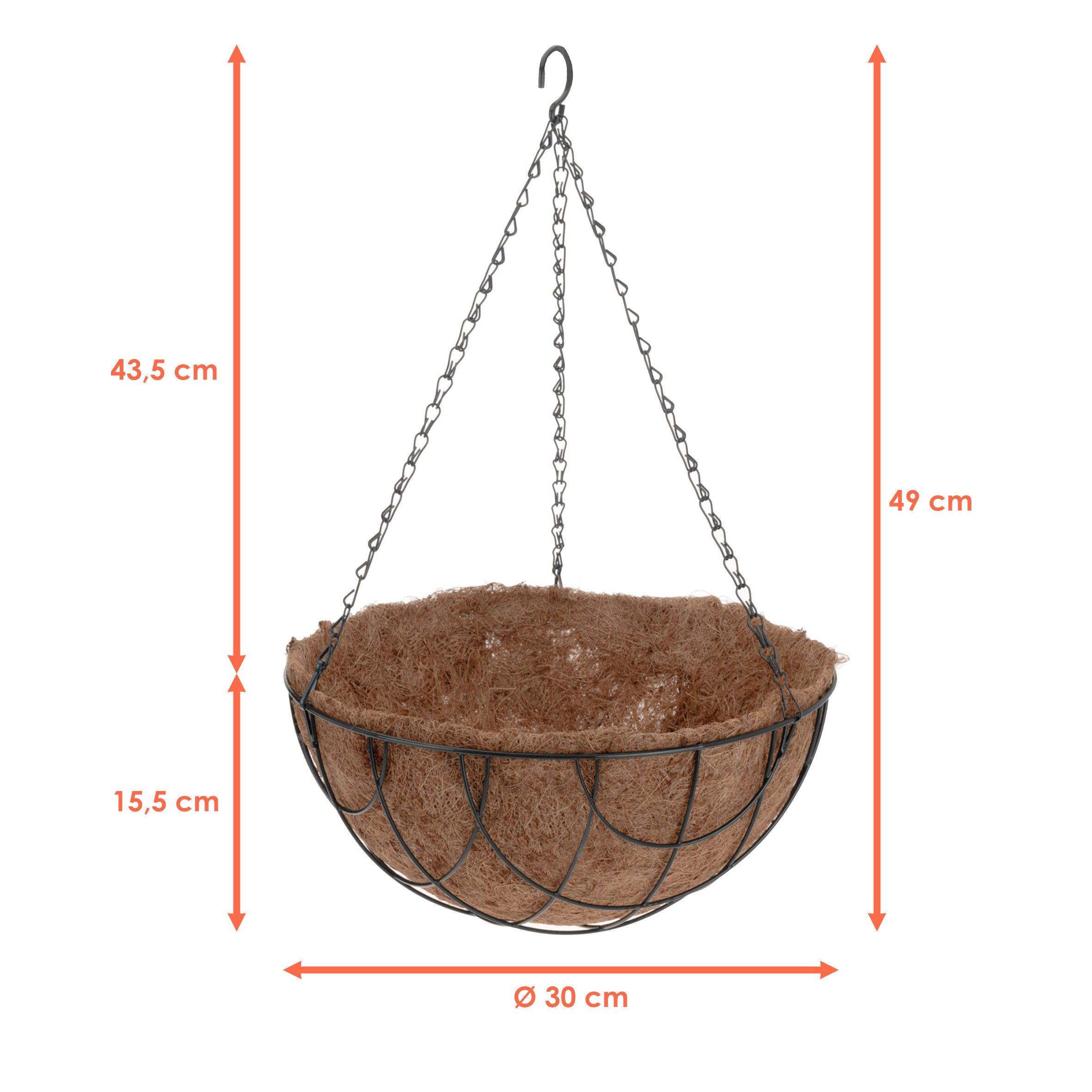 Spetebo Blumenampel Metall Blumenampel mit Kokos Einsatz - 30 cm (Stück, 1 St., Blumenampel), Blumenschale zum Hängen inklusive Kette – Bild 2 von 5