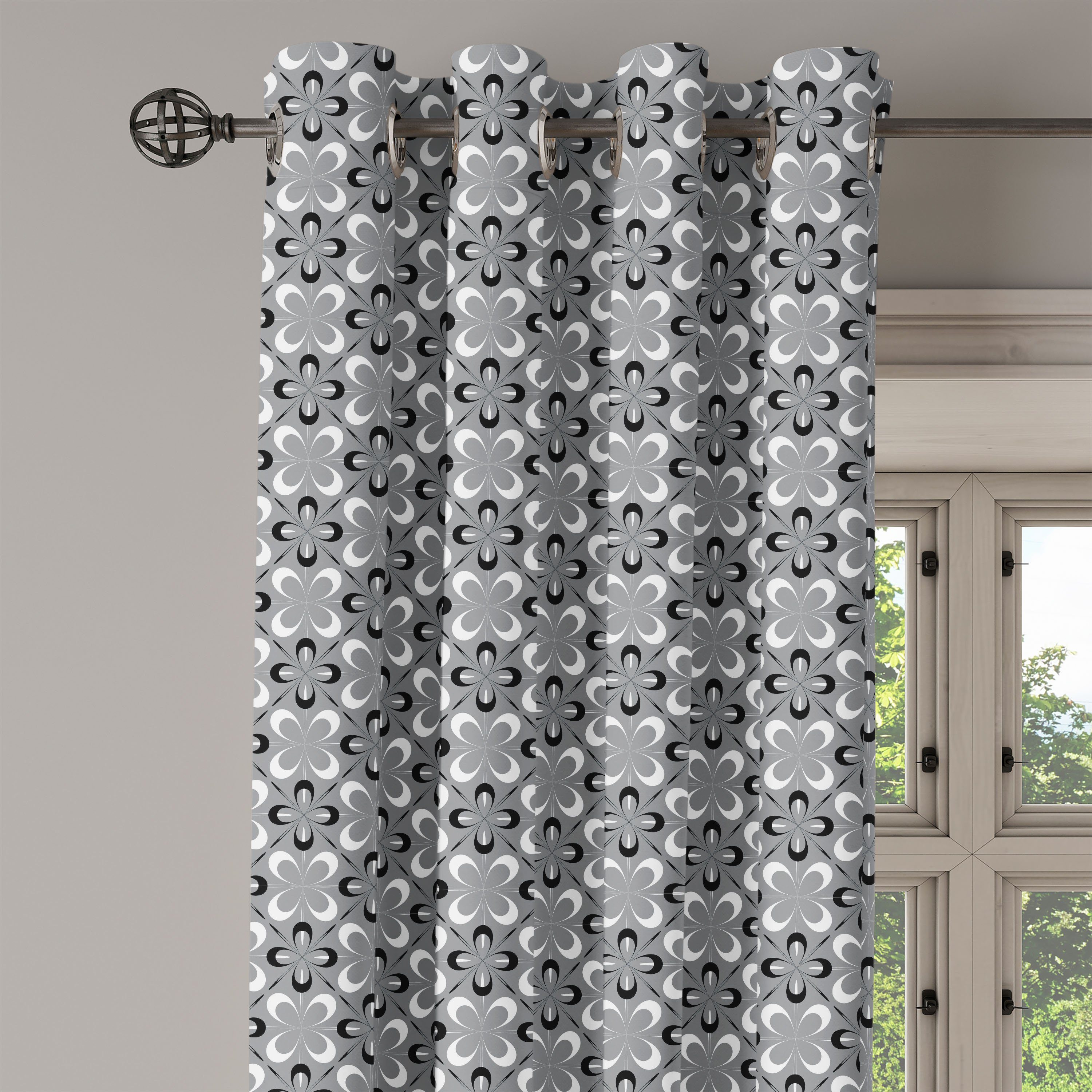 Gardine Dekorative 2-Panel-Fenstervorhänge Wohnzimmer, Blumenblütenblatt Aufwändige für Abakuhaus, Schlafzimmer Schwarz Grau und