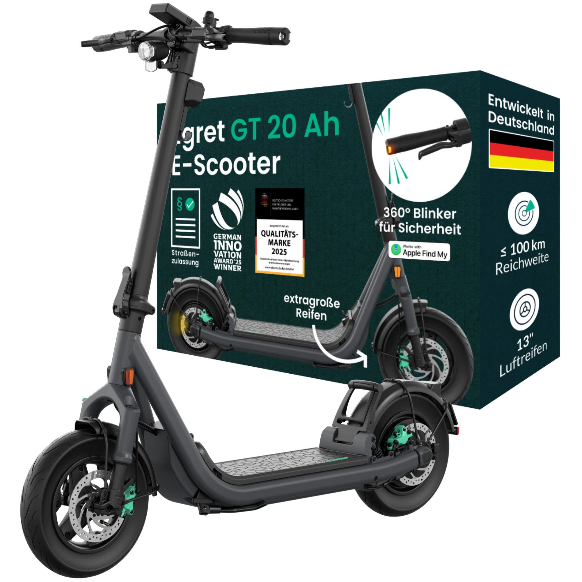 Egret E-Scooter Egret GT, 13", FEDERUNG, BLINKER, 75-100KM Reichweite, 500 W, 20 km/h, mit Straßenzulassung, ≤150kg Traglast, Wechselakkusystem