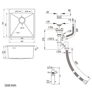 AuraLum pro Küchenspüle 304 Edelstahl Einbauspüle Edelstahlspüle Spülbecken 49*44cm, mit Ablaufgarnitur,300ml Seifenspender