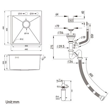 Auralum Küchenspüle Rechteckige Edelstahlspüle 44* 49CM, Edelstahl Einbauspüle Spülbecken, Mit Seifenspender und Ablaufgarnitur,Nanoblack