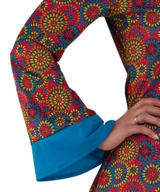 Karneval-Klamotten Hippie-Kostüm Damenkostüm Flower Power mit Peace Kette, Kleid türkis-bunt, V-Ausschnitt, mit Haarband und Halskette