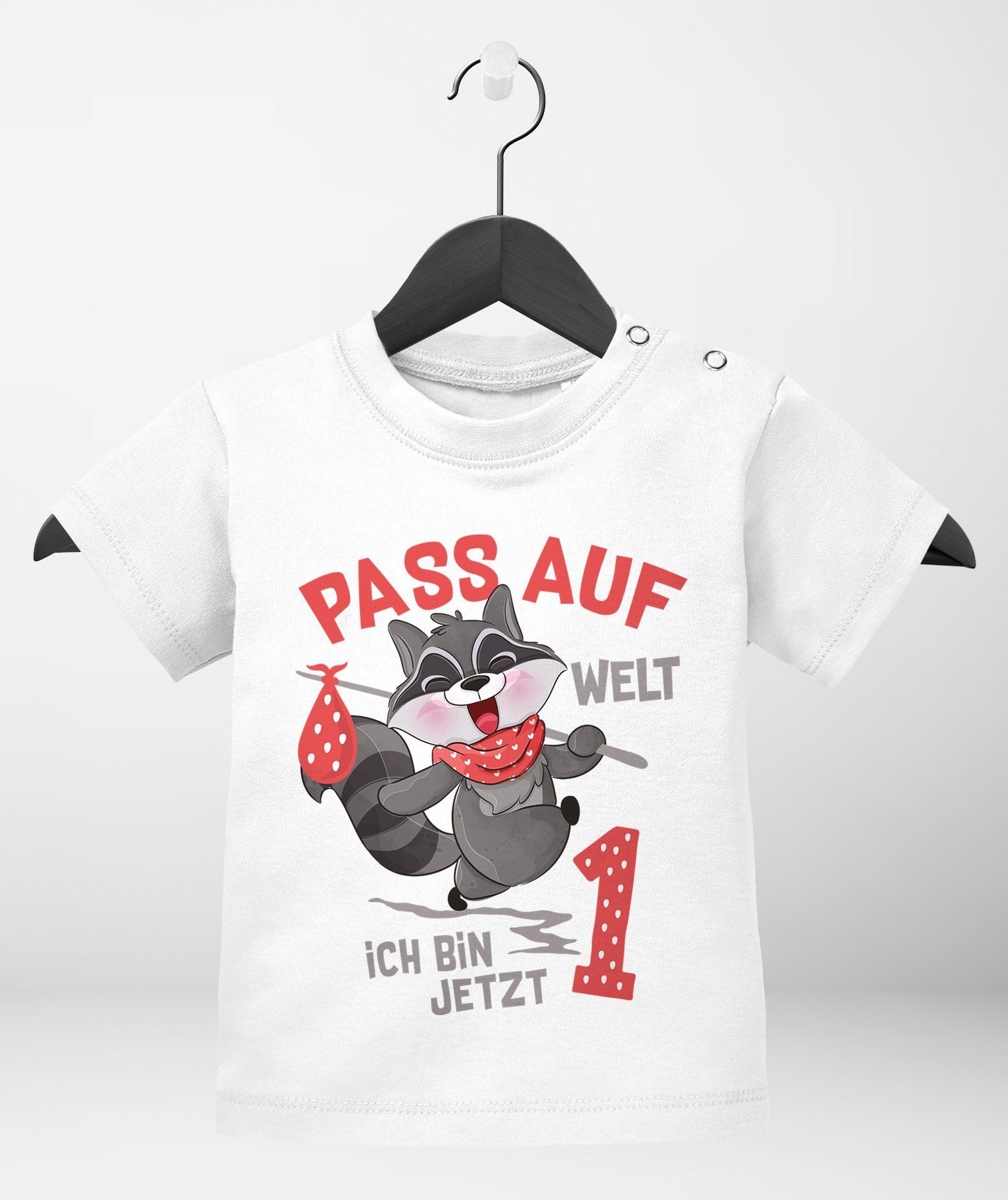 MoonWorks Print-Shirt Baby T-Shirt 1. Geburtstag Pass auf Welt ich bin jetzt 1 Waschbär
