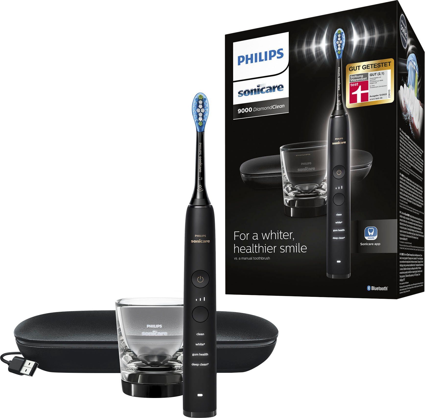 Philips Sonicare Elektrische Zahnbürste DiamondClean 9000 HX9911,  Aufsteckbürsten: 1 St., mit Schalltechnologie, Ladeglass, USB-Reiseetui, 4  Putzprogramme, 3 Intensitätsstufen, bis zu zwei Wochen Akku-Laufzeit