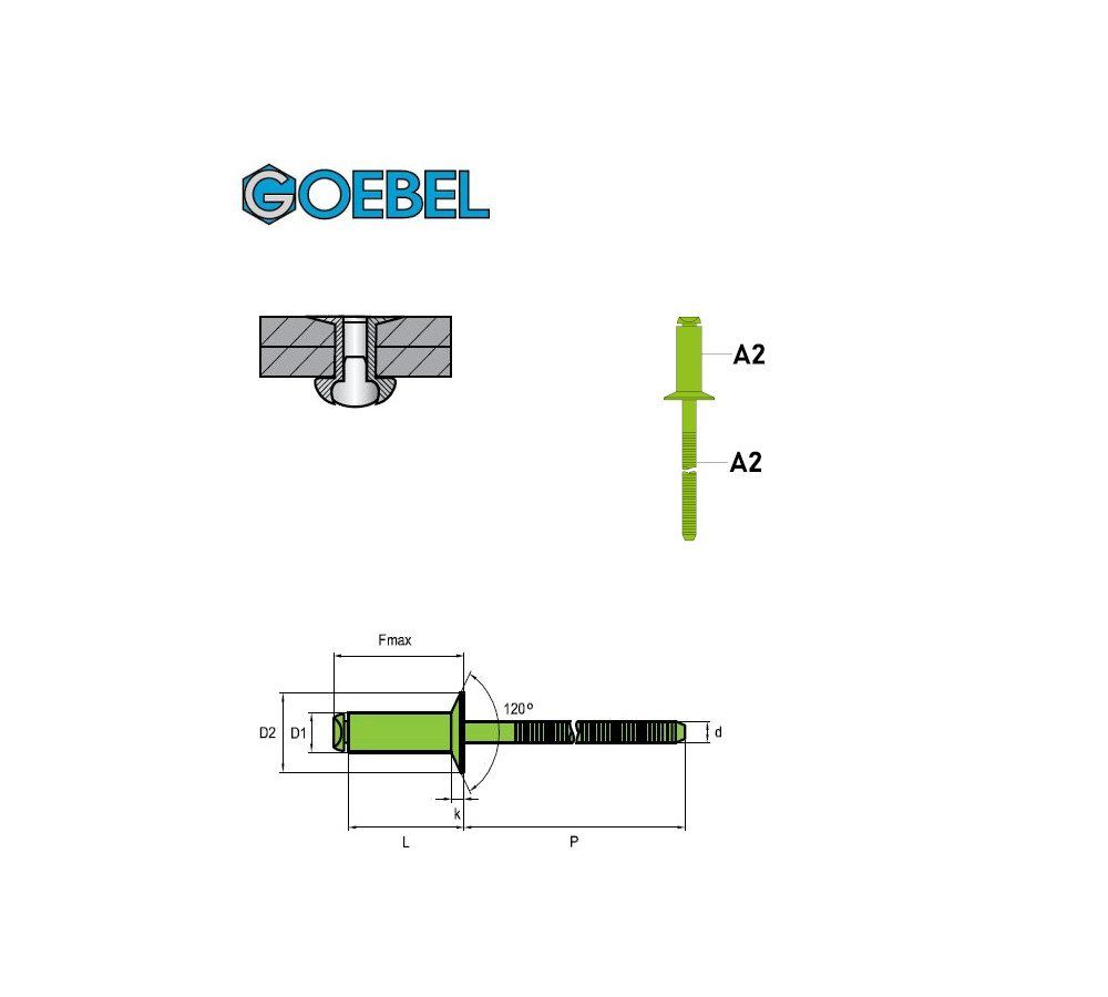 Senkkopf GOEBEL 7035148101, ISO15984, (500x Blindniete St., V2A- 10,0 500 STANDARD - mm Senkkopf x Edelstahl A2 gerilltem Popniete), - Niete Nietdorn 4,8 GmbH mit