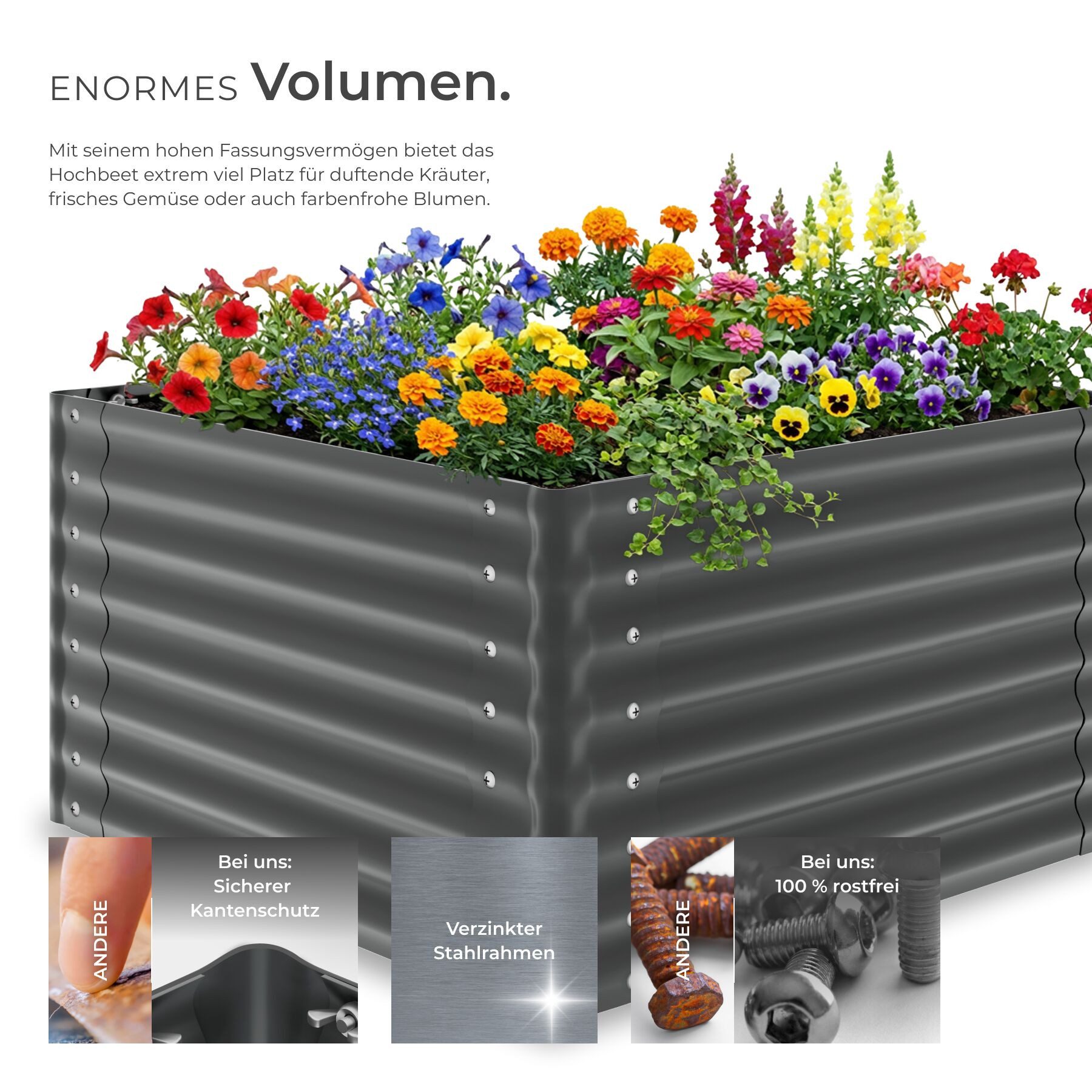 tectake Hochbeet Pflanzbeet aus verzinktem Stahl mit offenem Boden (Pflanzkasten Blomma, in anthrazit, 600 L), stabil, sicher, witterungsbeständig, inklusive Arbeitshandschuhe