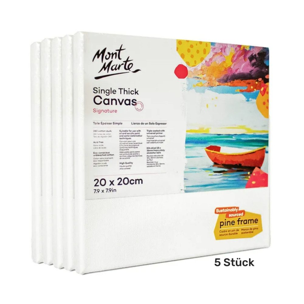 Mont Marte Носилка 20 x 20 cm – 5er Set, 280 g/m² Baumwolle, 3-fach vorgrundiert, Stabiler Kiefernholzrahmen, ideal für Acryl-, Öl- und Gouachemalerei
