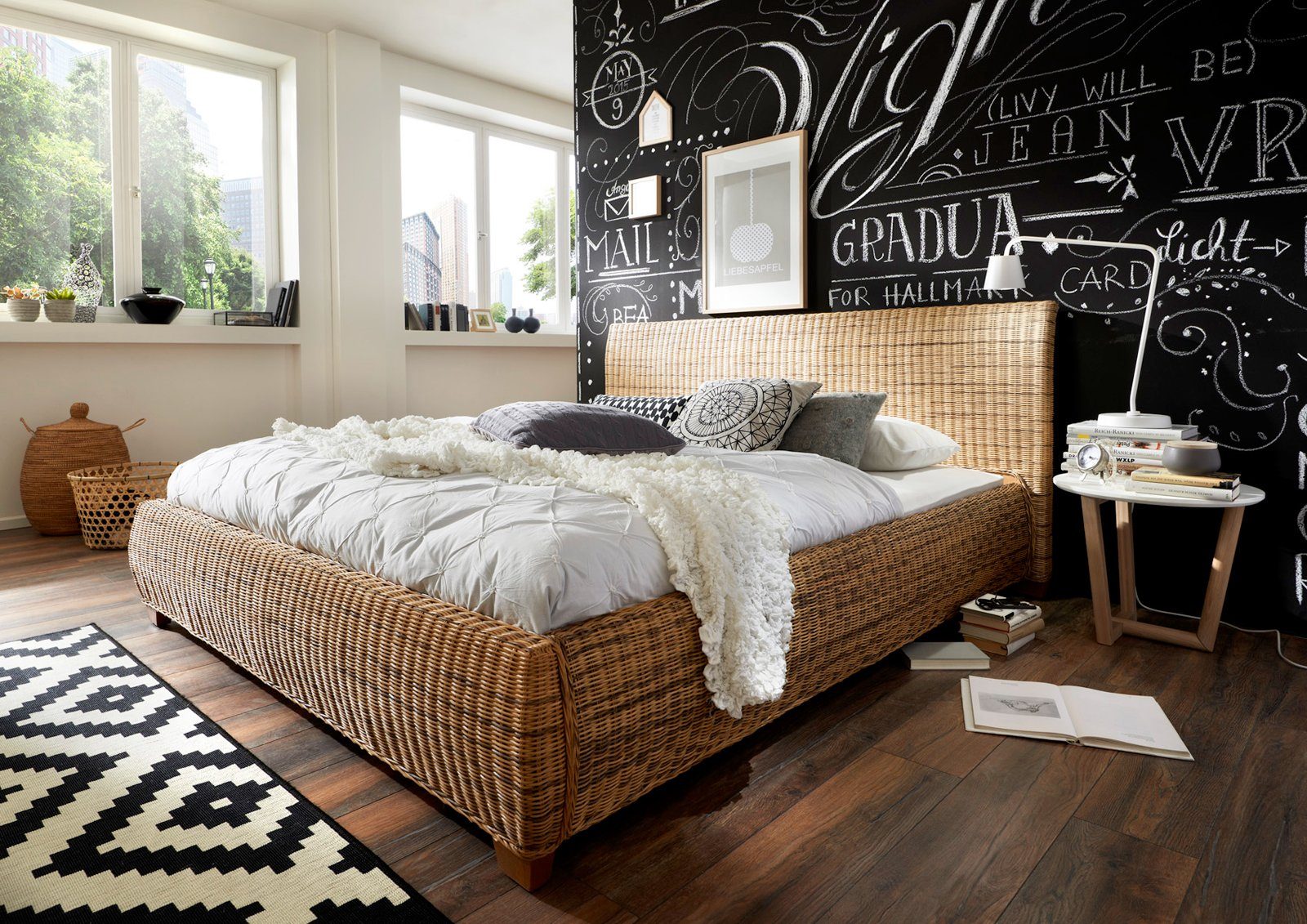 SAM® Holzbett »DAPPI«, Holzbett aus geflochtenem Rattan 140 cm