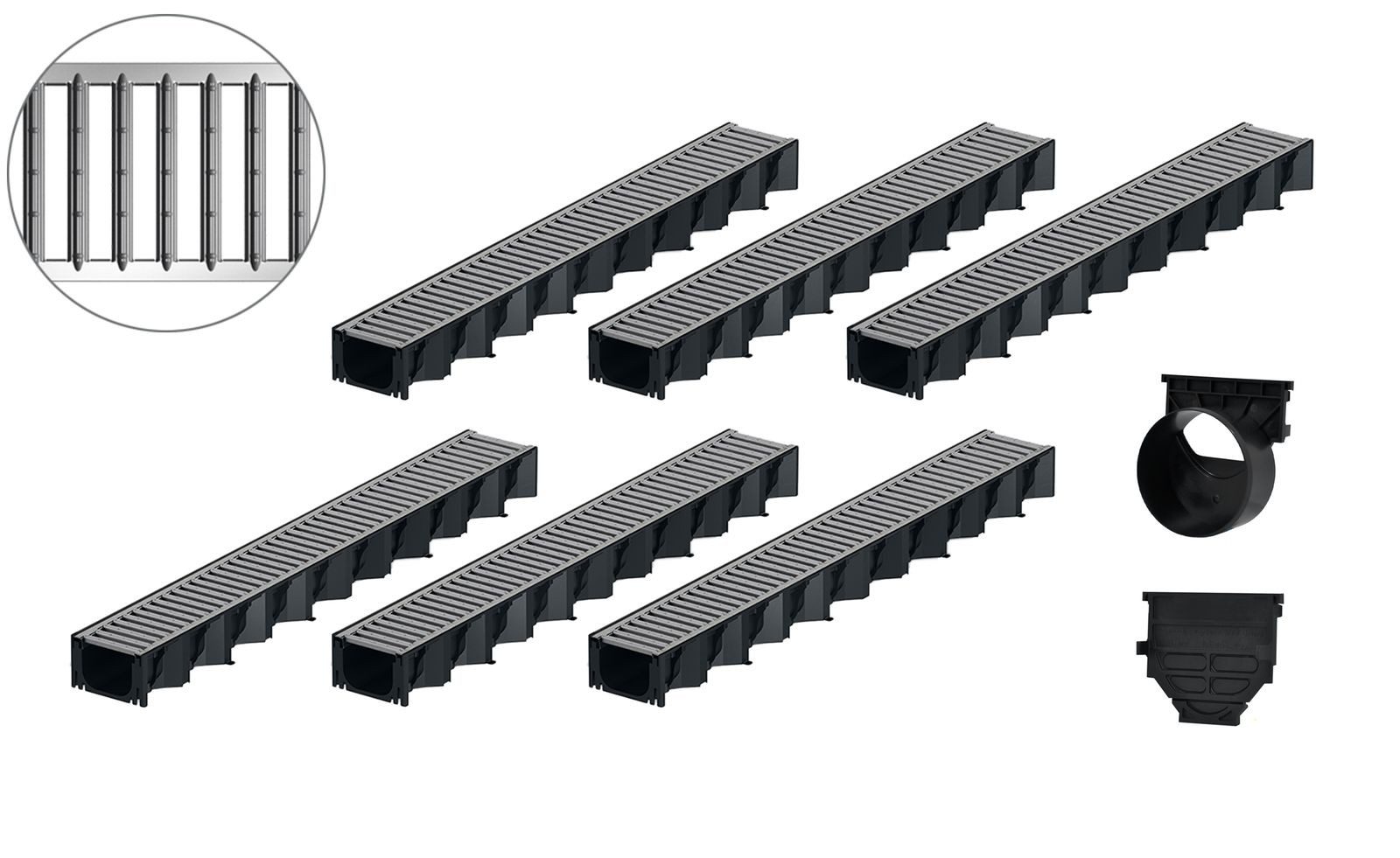ACO Severin Ahlmann GmbH & Co. KG Entwässerungsrinne 6x1m Hexaline 2.0 Entwässerungsrinne + Stegrost verzinkt + Ablauf, 14-St., horizontaler Ablauf, Rost Stahl verzinkt