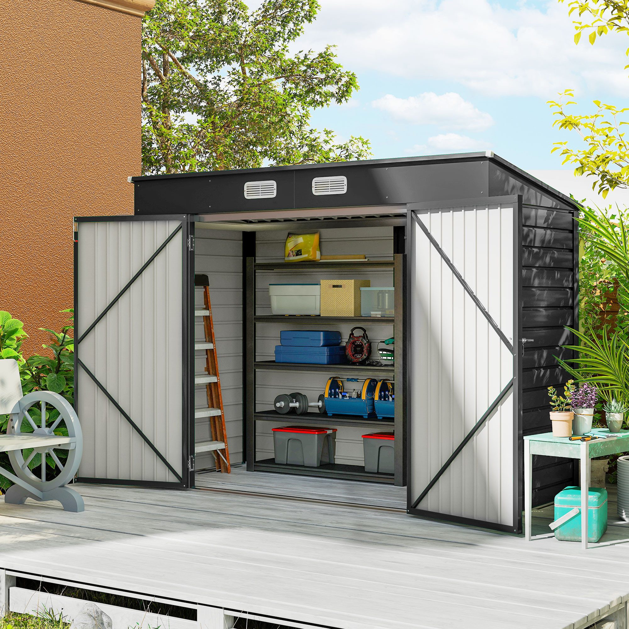 Outsunny Gerätehaus Geräteschuppen mit Pultdach, abschließbarer Doppeltür Schuppen, BxT: 249x121 cm, (Gartenhaus, 1 St., Geräteschuppen), aus Stahl, für Hinterhof, Garten, Grau