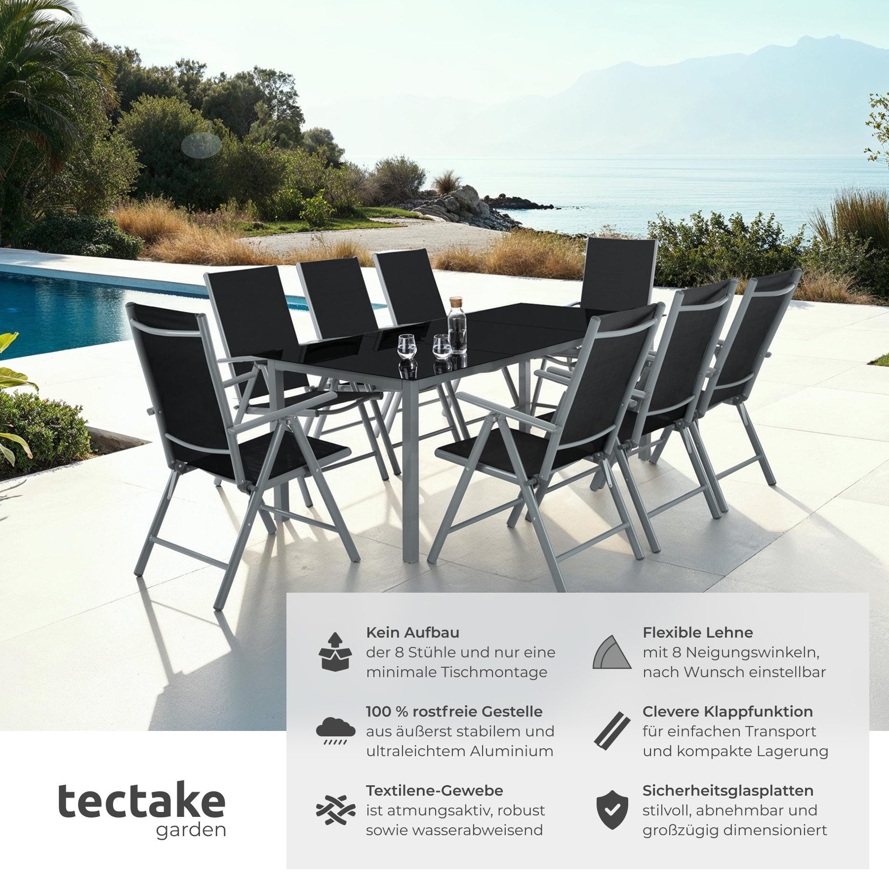 tectake Essgruppe Aluminium Sitzgruppe - Wetterfeste Gartenmöbel, (Loungeset Pompeii, 9-tlg., in Anthrazit), klappbare Stühle mit 8-fach verstellbarer Rückenleh – Bild 2 von 5