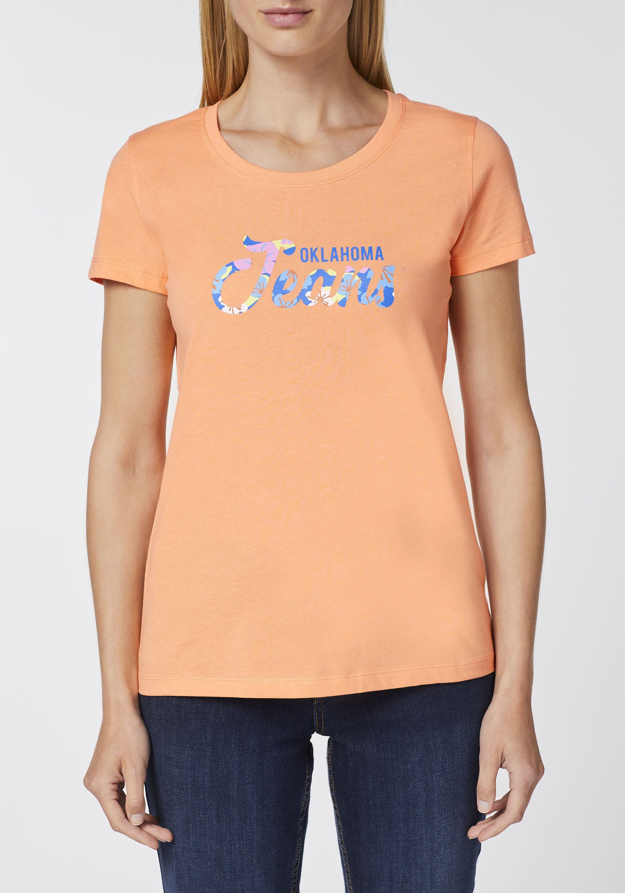 Print-Shirt mit Oklahoma Jeans Label-Akzent Cantaloupe floralem 15-1239