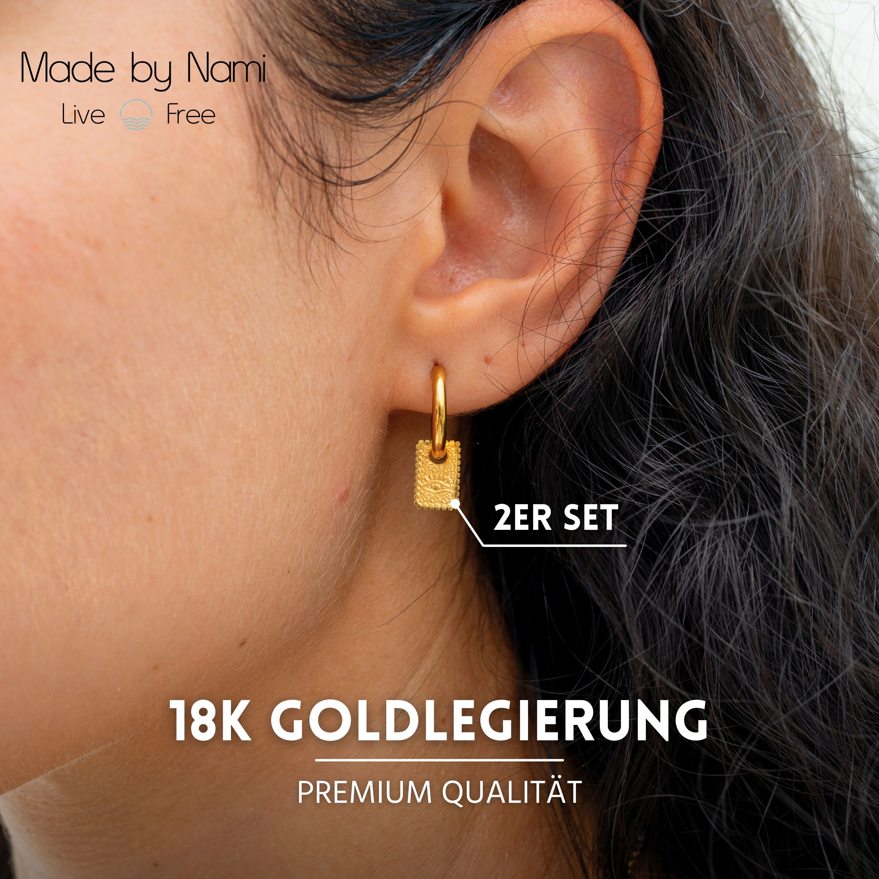 Made by Nami Paar Ohrhänger Set Ohrhänger Silber/Gold Edelstahl Evil Eye hypoallergen wasserfest, minimalistischer Stil - Boho-Schmuck für empfindliche Haut – Bild 2 von 5