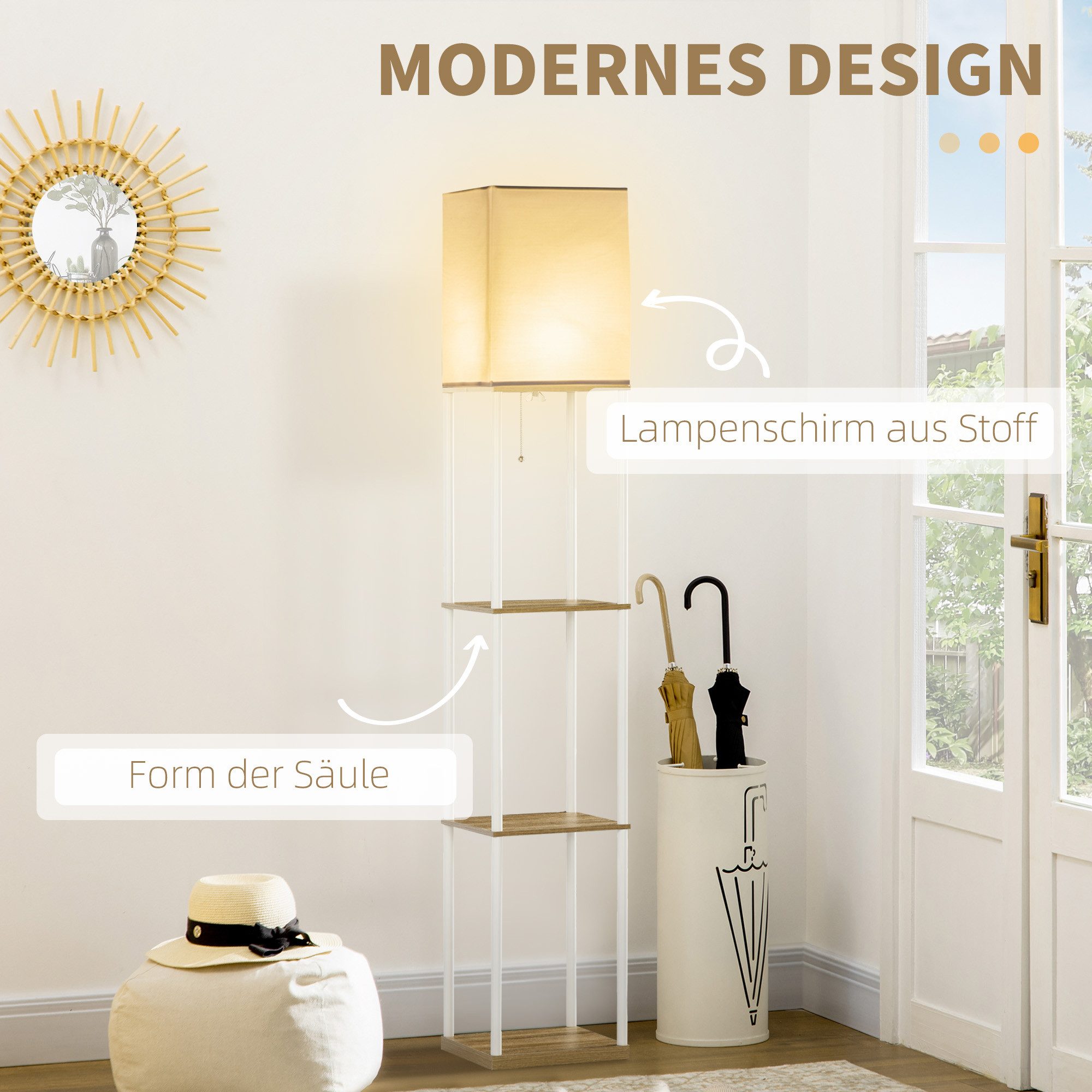 HOMCOM Stehlampe Stehleuchte Standleuchte mit Regal, E27 Fassung, exkl. Glühbirne, Leuchtmittel wechselbar, für Wohnzimmer, Weiß – Bild 4 von 5
