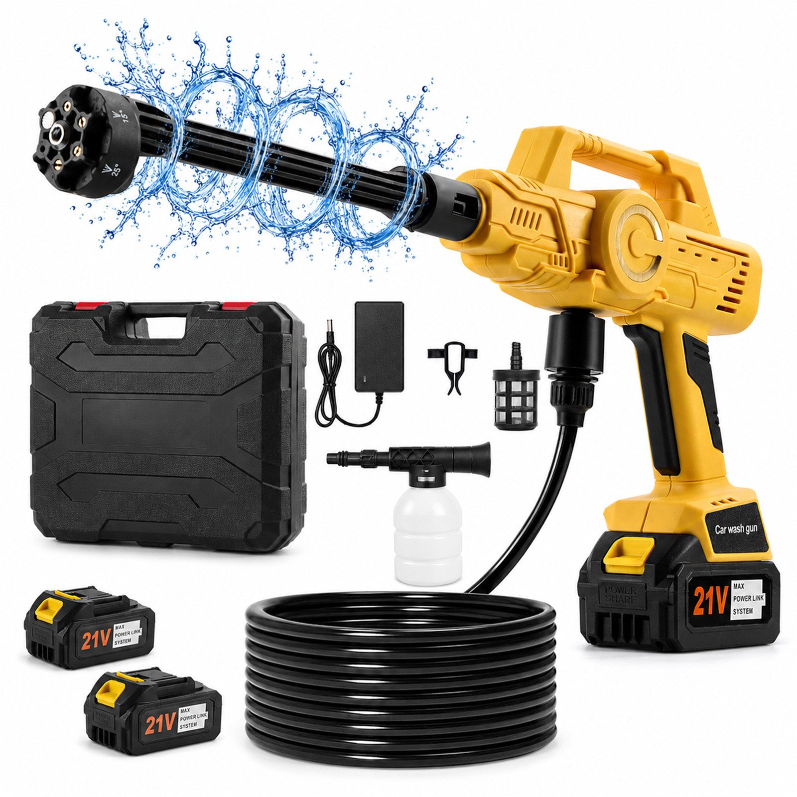 Lapamax Akku-Druckreiniger LT09 mit 6-in-1-Düse, zwei 3-Ah-Akkus und 5-m-Schlauch samt Filter, Druck max: 12 bar, 255 W, Fördermenge max: 246 l/h, Sechs Sprühbilder, Schaumaufsatz und Wasserfilter für flexible Pflege