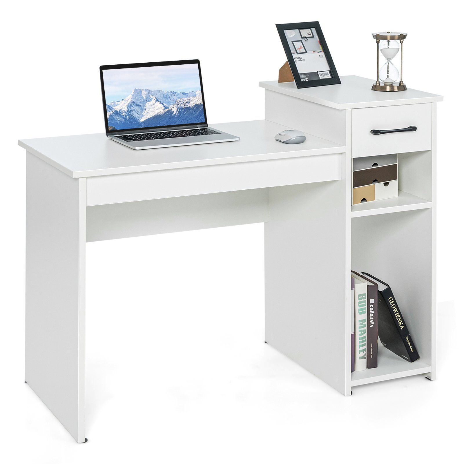 COSTWAY Schreibtisch, mit Schublade & offenen Regalen, 104x50x82cm Weiß