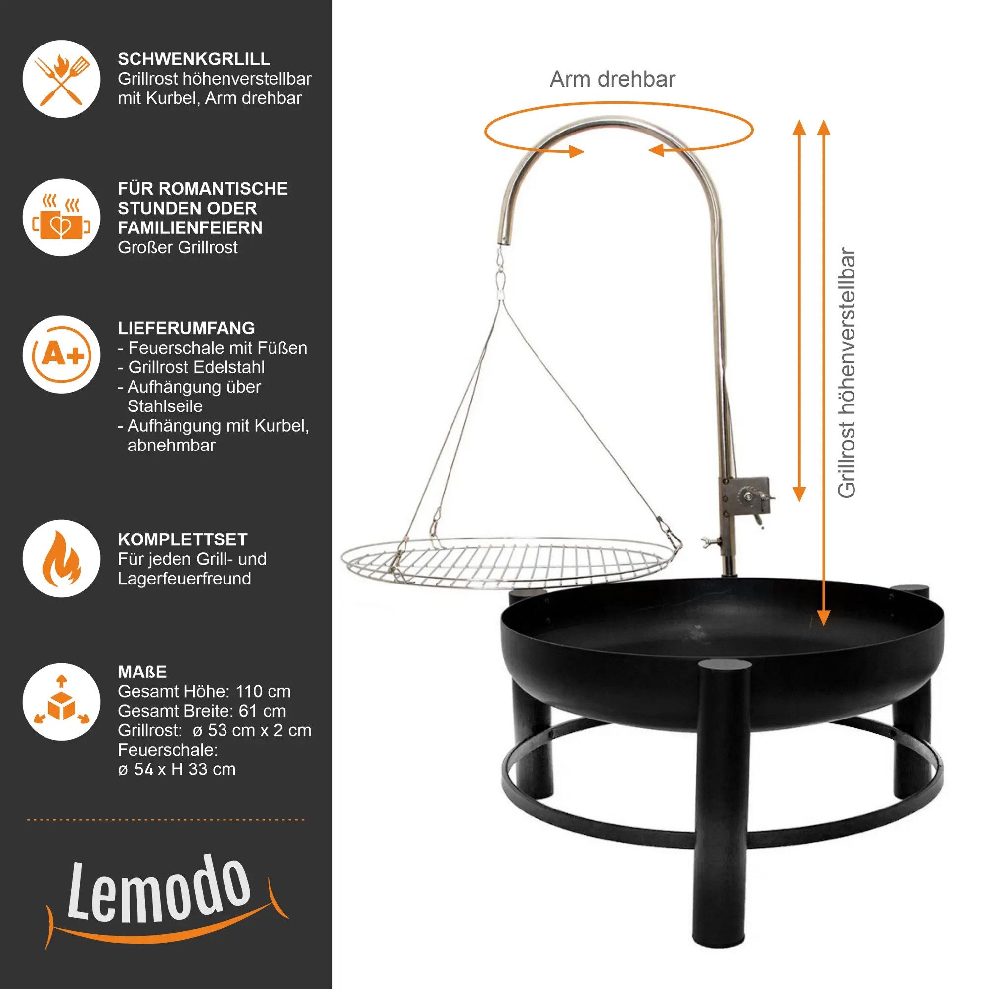 Lemodo Feuerschale Schwenkgrill mit höhenverstellbarem Grillrost, (1 Set), günstig online kaufen