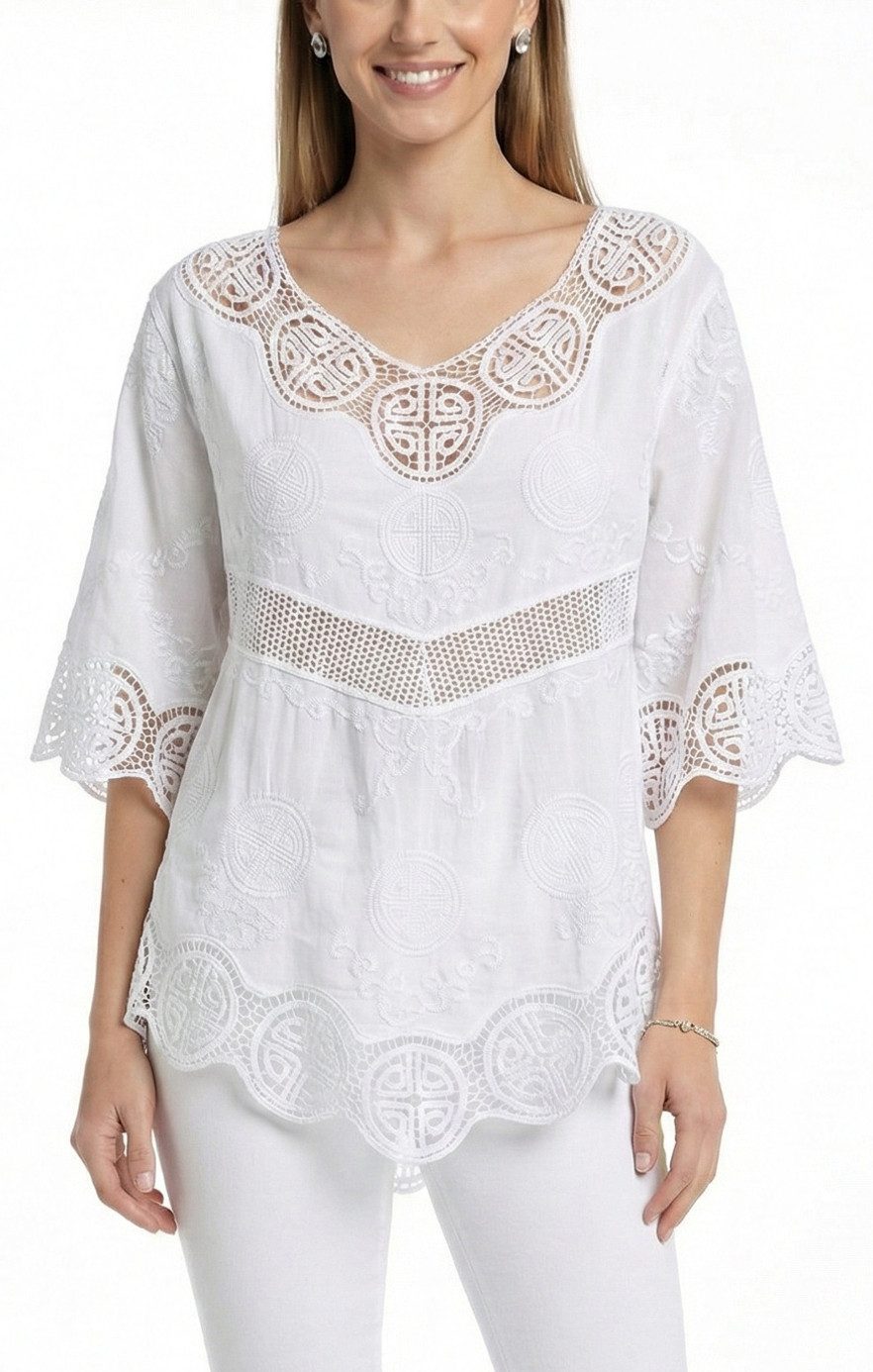 dy_mode Tunika Damen Tunika 3/4 Arm mit Spitze – Leichte Baumwoll Bluse für Sommer mit Häkel-Einsätzen - leicht transparent