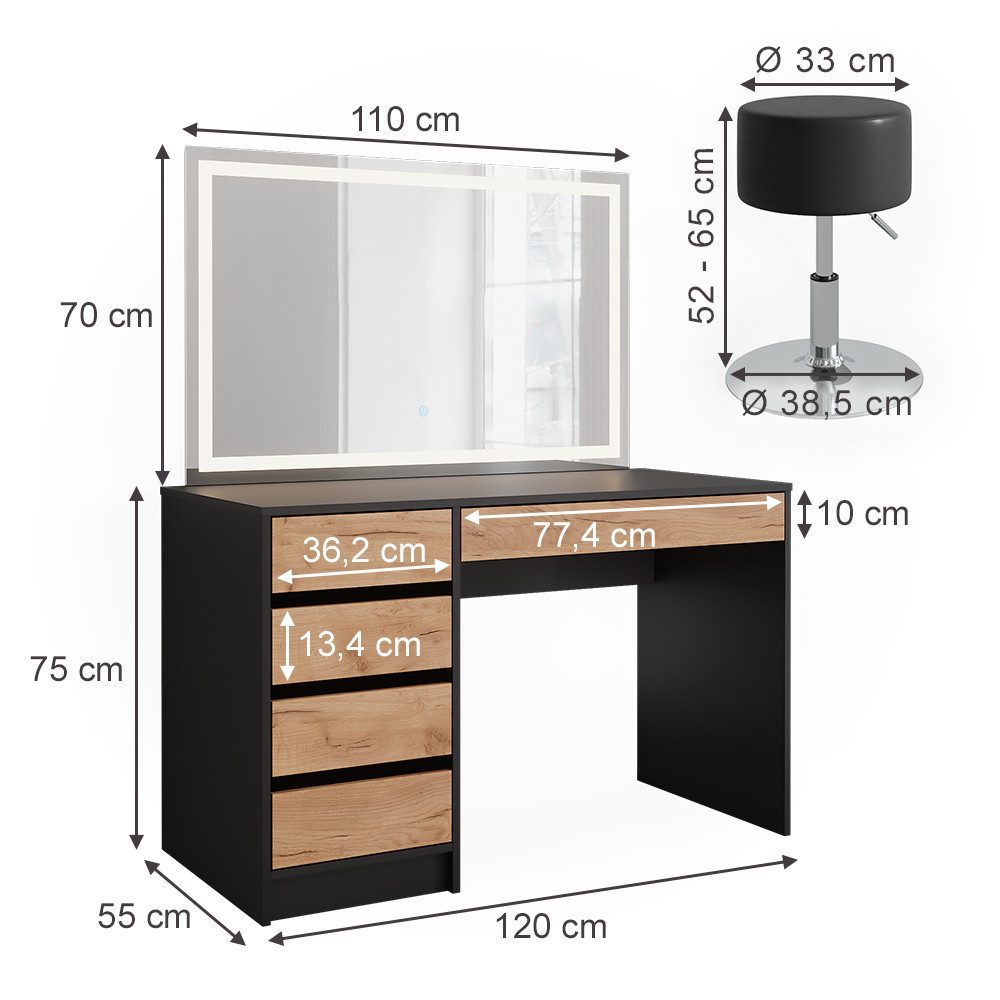 Vicco Schminktisch Sherry, Anthrazit/Goldkraft Eiche, 120 x 75 cm mit LED-Spiegel und ...