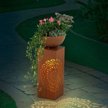 EASYmaxx Dekosäule Mandala Pflanzkübel Gartendekoration, Pflanzschale Garten Deko Kübel Säule LED Rost Optik 59cm