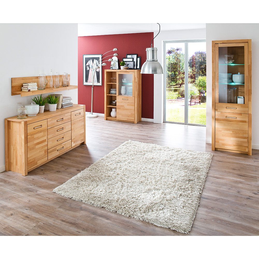 Lomadox Esszimmer-Set FOSSANO-06, (Spar-Set, 4-St., Highboard Sideboard Vitrine Wandregal), in Kernbuche massiv geölt, inkl. LED-Beleuchtung