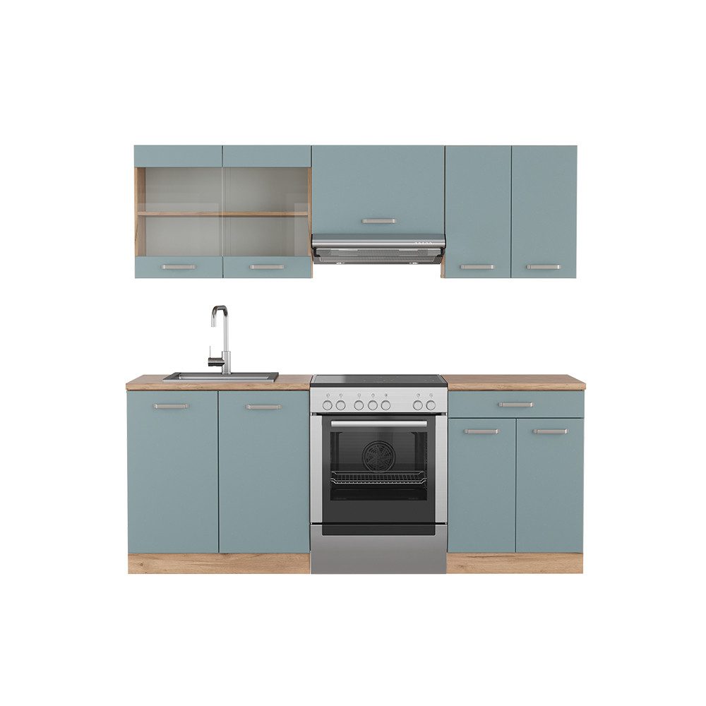 Vicco Küchenzeile R-Line, Blau-Grau/Goldkraft Eiche, 200 cm, AP Marmor