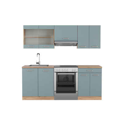 Livinity® Küchenzeile R-Line, Blau-Grau/Goldkraft Eiche, 200 cm, AP Marmor