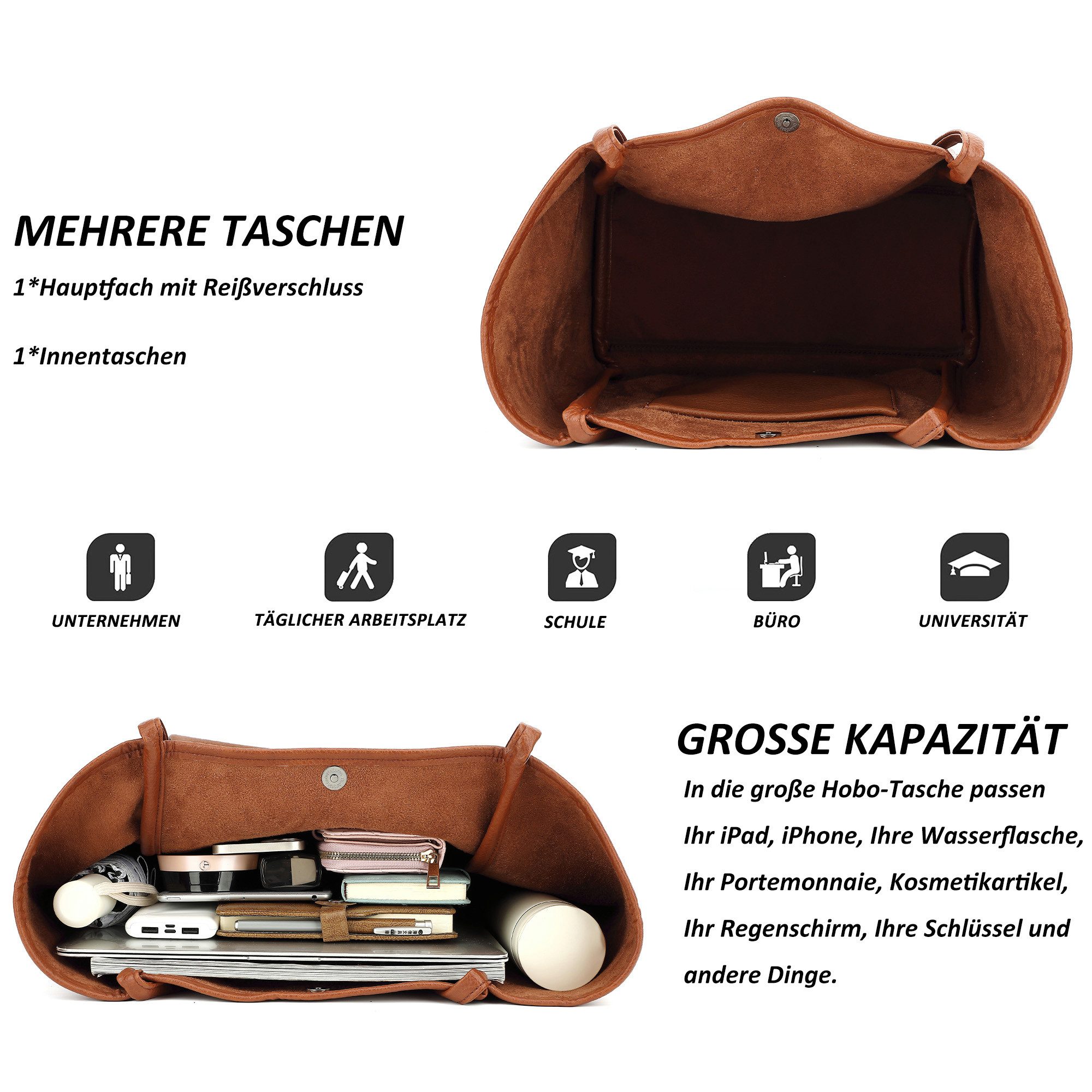 TAN.TOMI Schultertasche Damen Magnetverschluss Umhängetasche PU Leder Tote Shopper Bag, Mit Innentaschen und dekorative Anhänger für Arbeit, Schule, Einkauf – Bild 5 von 5