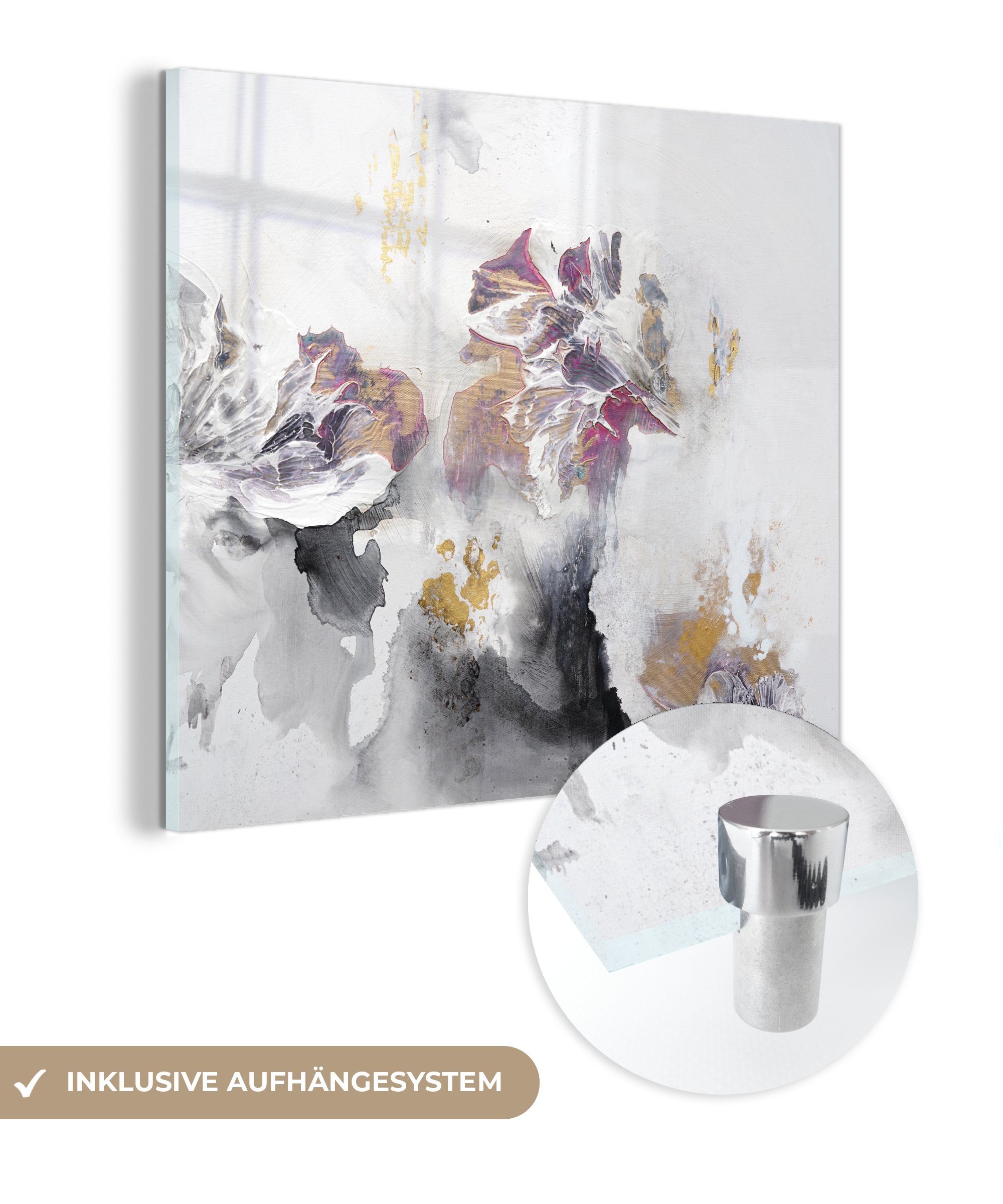 MuchoWow Acrylglasbild Farbe - Farben - Weiß - Abstrakt- Gold, (1 St), Glasbilder - Bilder auf Glas Wandbild - Foto auf Glas - Wanddekoration