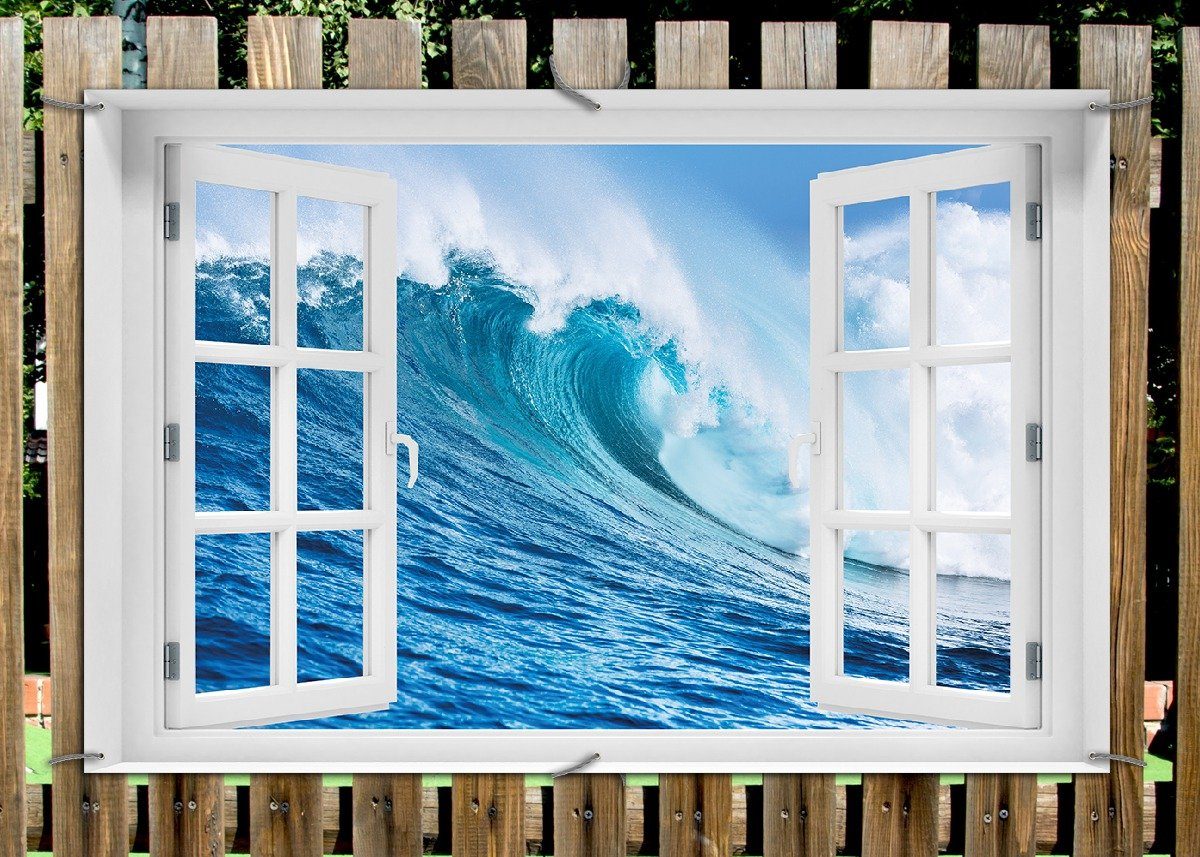 Thumbnail - Wallario Sichtschutzzaunmatten Eindrucksvolle Welle im Ozean, mit Fenster-Illusion