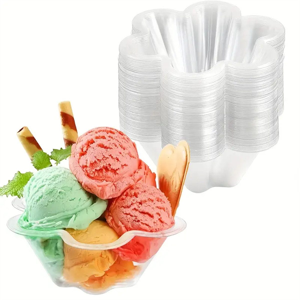 RefinedFlare Eisschale 100 Stück Eisbecher-Verpackung – Einweg-Eisbecher aus Kunststoff, transparenter Eisbecher aus Kunststoff